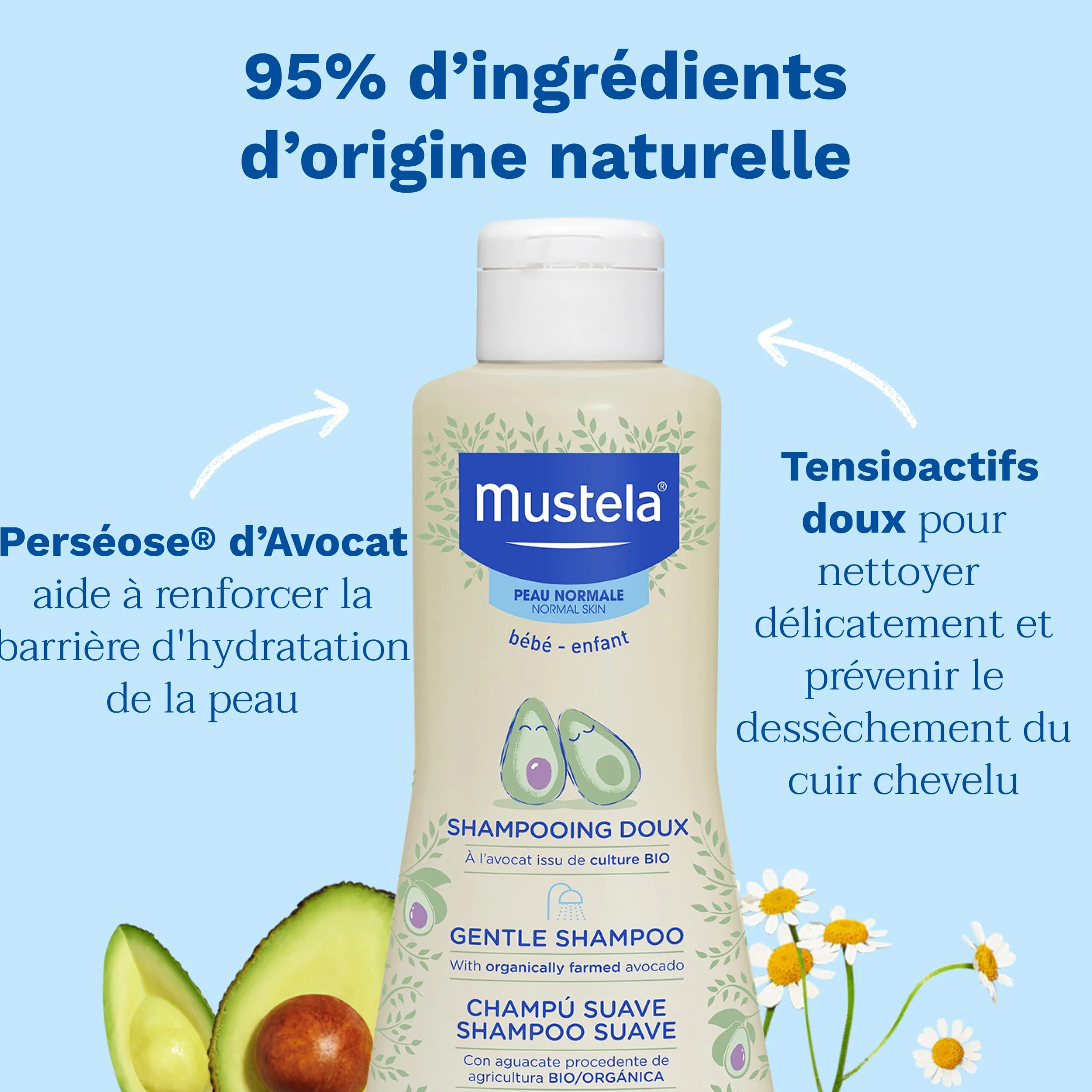 Mustela Shampoing Doux Bébé Nettoyage en Douceur Dès la Naissance Démêle Ne Pique pas les Yeux 95% Ingrédients Naturelle Shampooing Végan Peaux Normales
