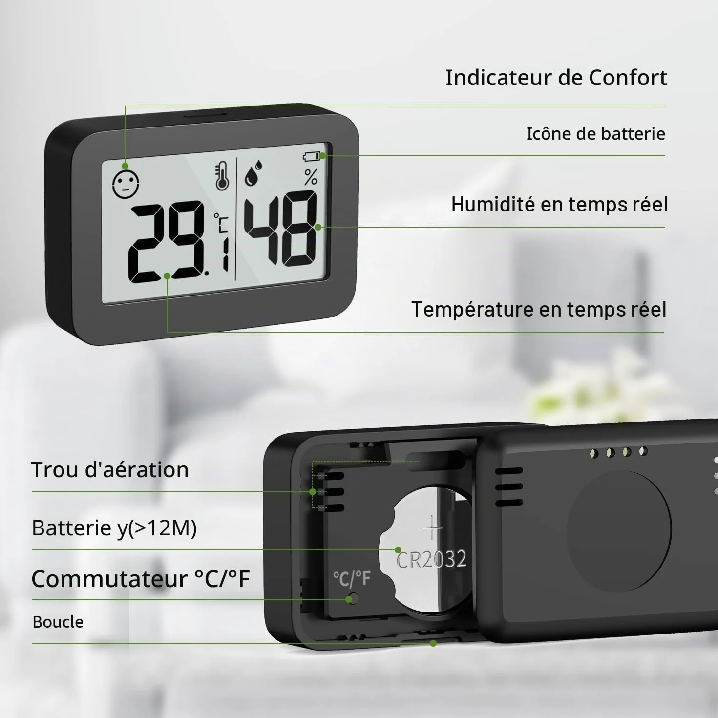 Mini hygromètre thermomètre d'intérieur, jauge d'humidité avec ℃, moniteur de température numérique pour serre (2, Noir, 5cm)