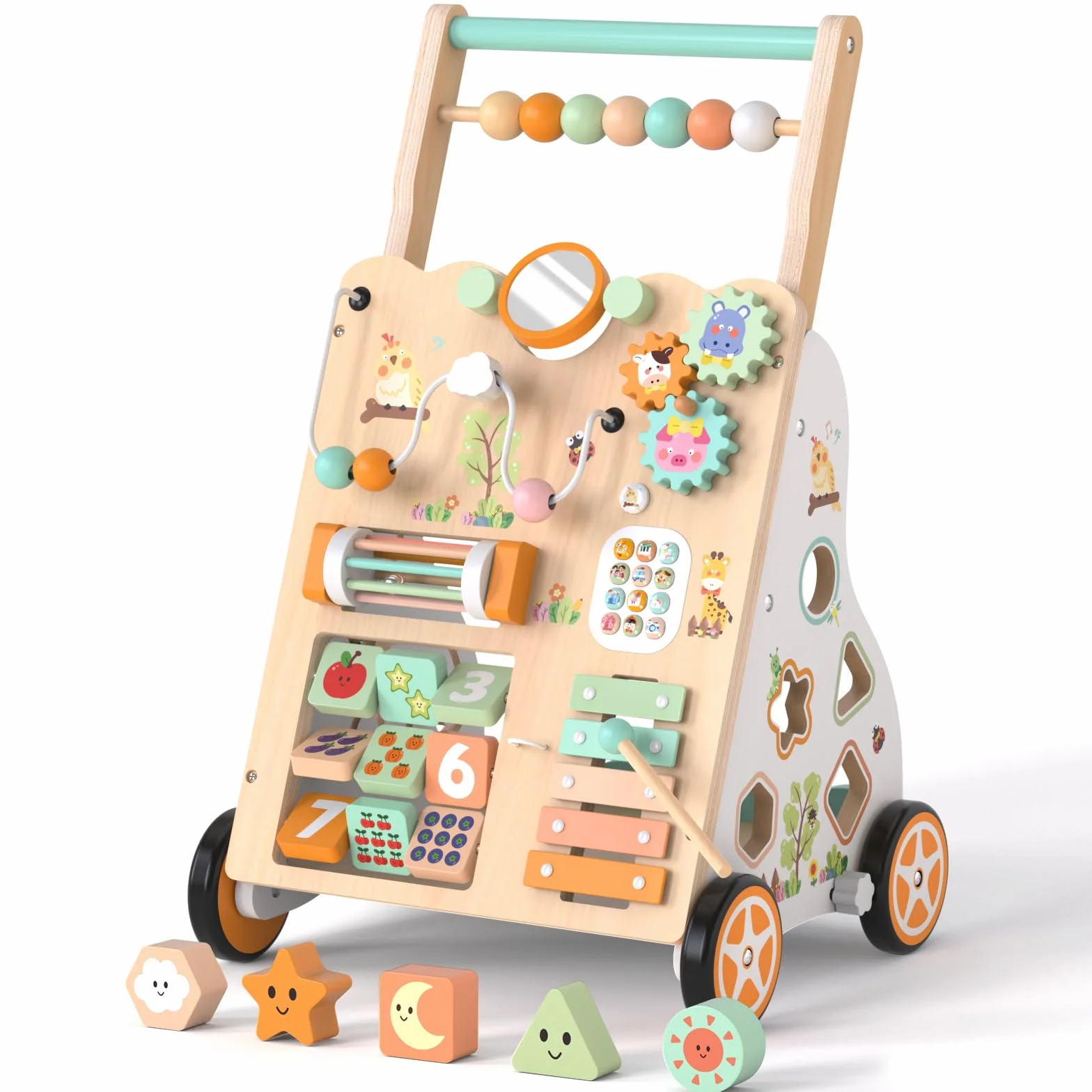 Trotteur en bois Montessori 12+ mois avec centre d'activités, labyrinthe à perles, trieur de formes, xylophone et jeu de pêche
