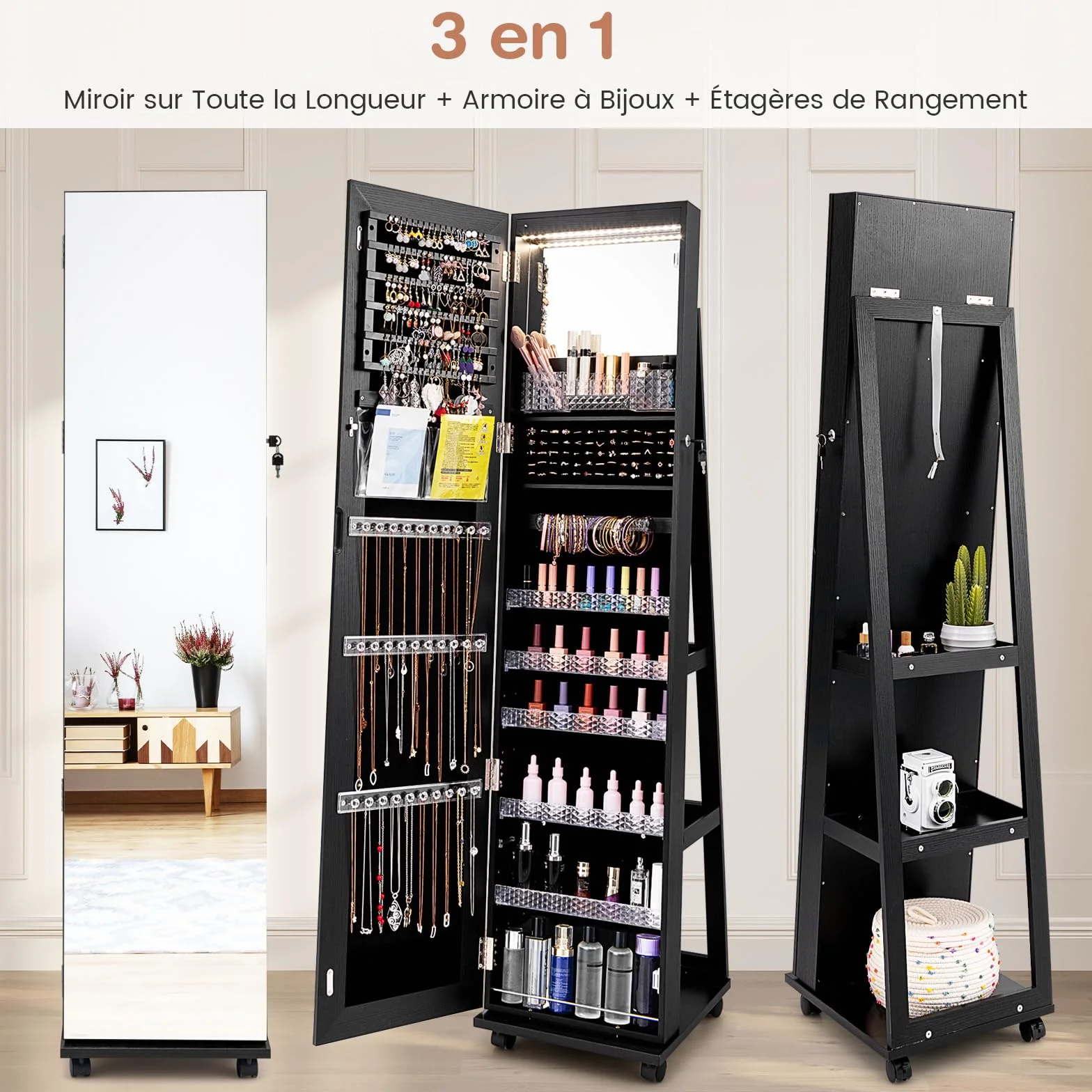 COSTWAY 3 en 1 Armoire à Bijoux sur Roulettes avec Miroir Psyché et Lumières LED, Verrouillable, Noir