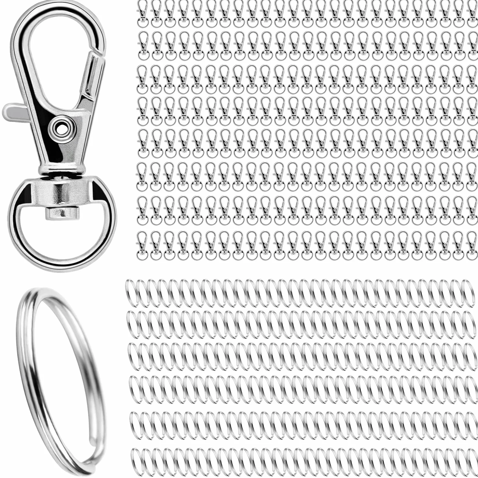 Lot de 400 petits porte-clés en acier inoxydable - Mousquetons pivotants argent