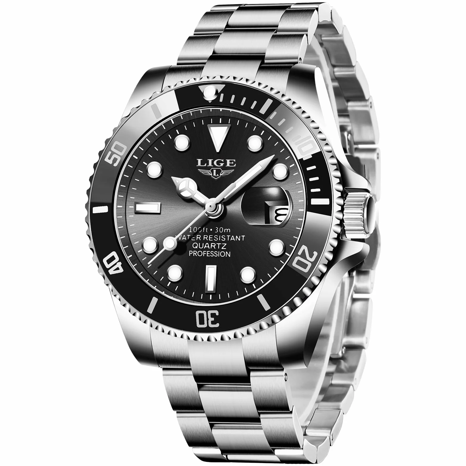 LIGE Montre Homme Acier Inoxydable Quartz Analogique étanche 3 ATM 30M
