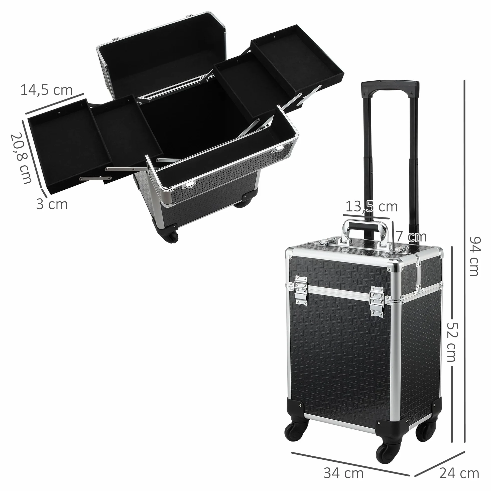 HOMCOM Valise Trolley Maquillage Mallette cosmétique Vanité 34x24x52 cm Aluminium Noir