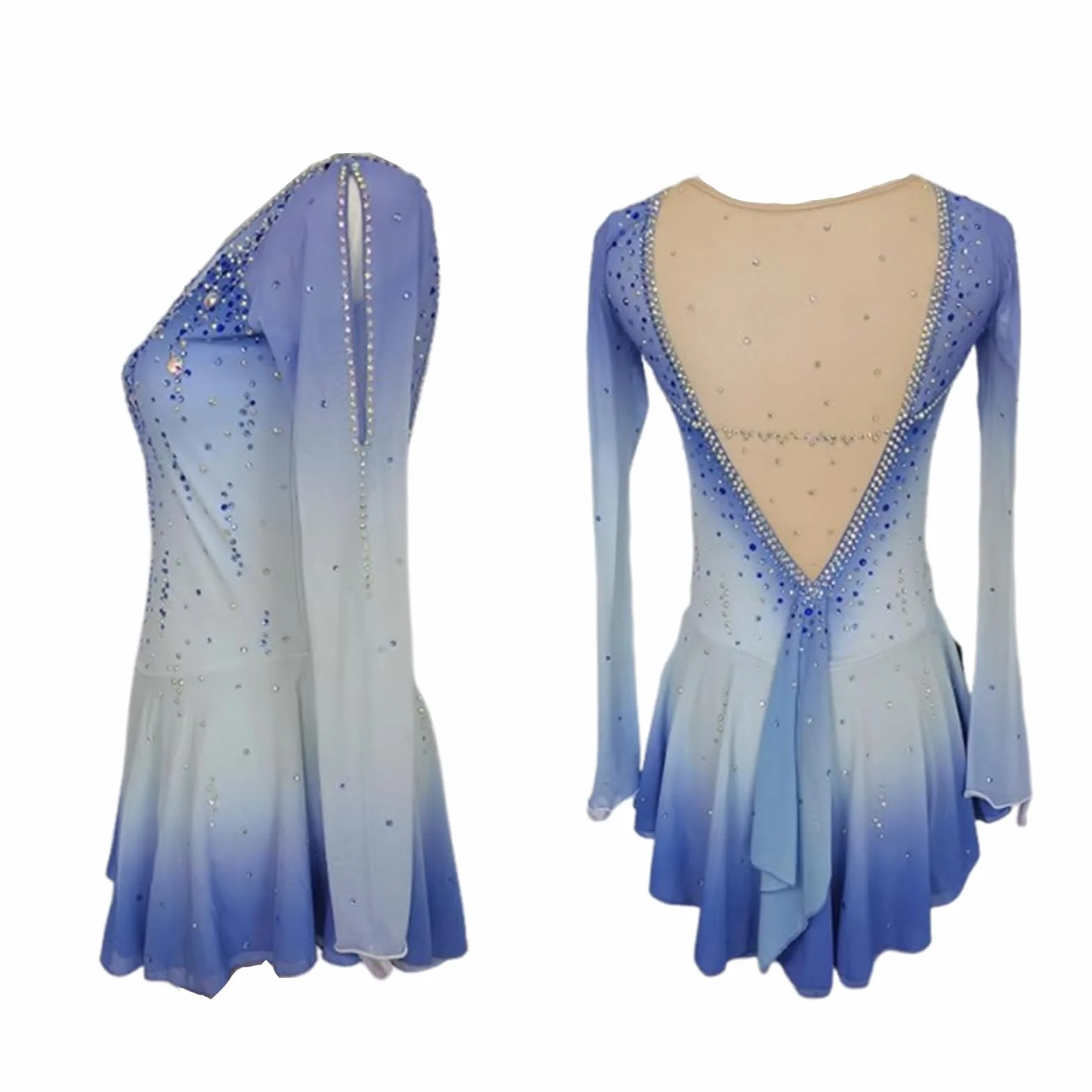LIUHUO Robe de Patinage Artistique Bleue pour Filles et Femmes – Robe de Compétition Danse sur Glace – Manches Longues Cristal Fait à la Main