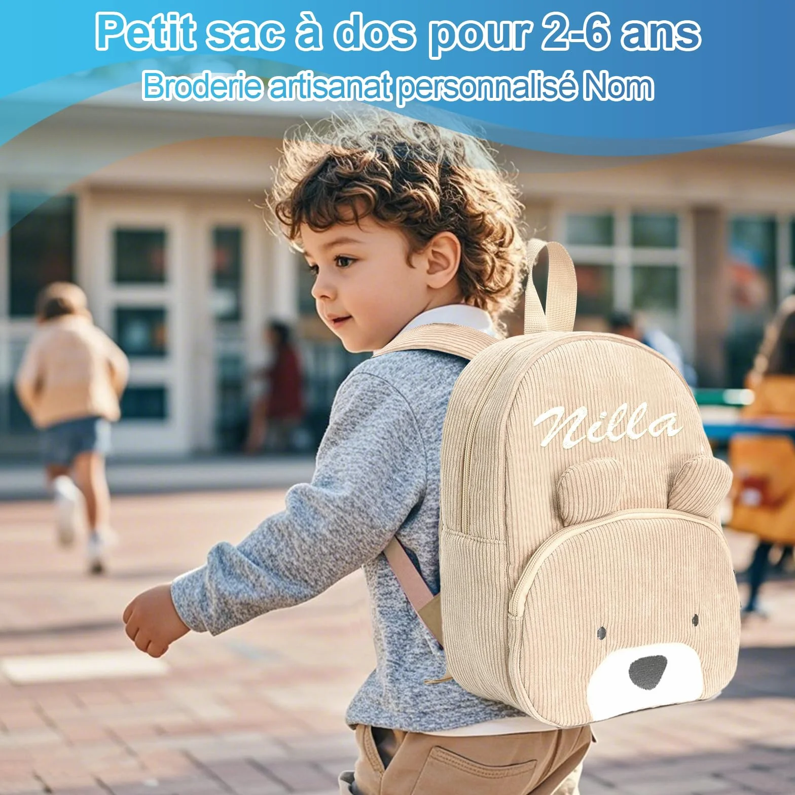 Personalised Corduroy Toddler Backpack with Embroidered Name, Cute Bear Mini Rucksack for Nursery, Preschool, Kindergarten