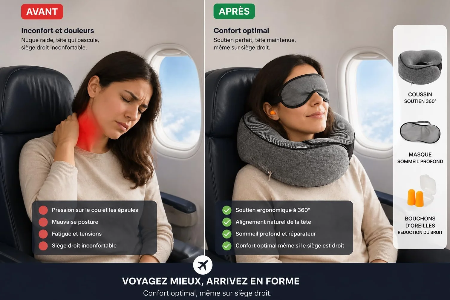 Kit Voyage 2 Personnes Gris 2 Coussins Mémoire de Forme 2 Masques Sommeil 2 Bouchons Anti-Bruit Oreiller Cervical Confort Avion Train