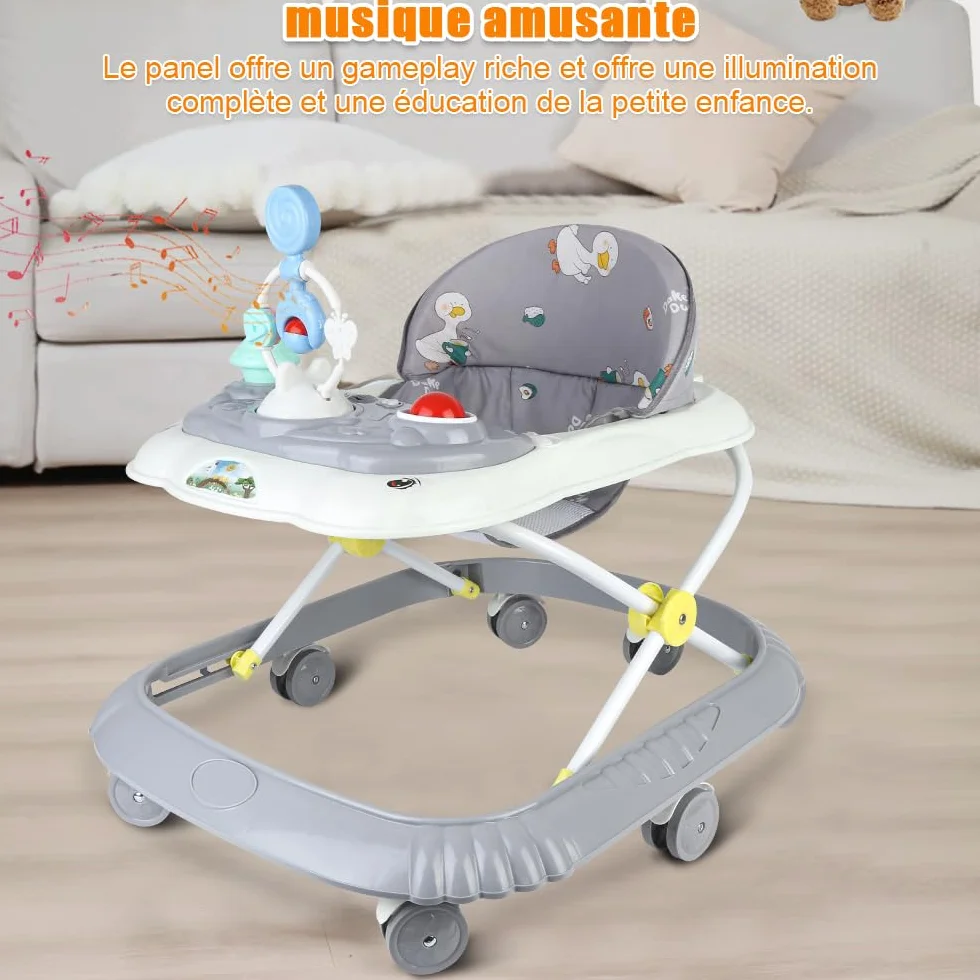 Trotteur Bébé Pliable avec Plateau Musical Réglable en Hauteur, 4 Niveaux, Coussin Amovible et Lavable, 58x55x65 cm Gris