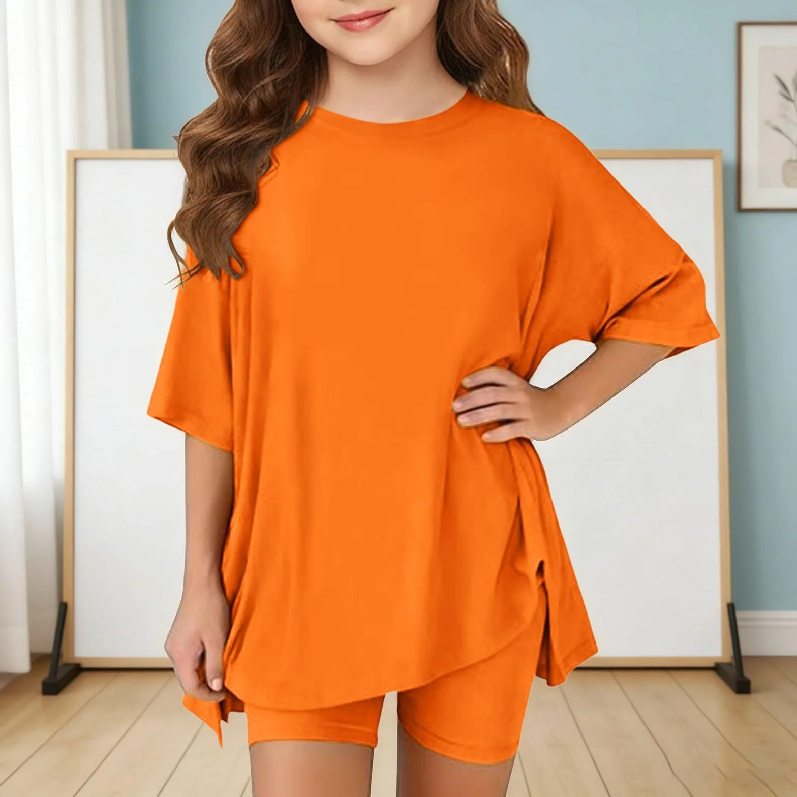 Ensemble 2 pièces fille T-shirt surdimensionné legging tenue été manches courtes short motard vêtements sport