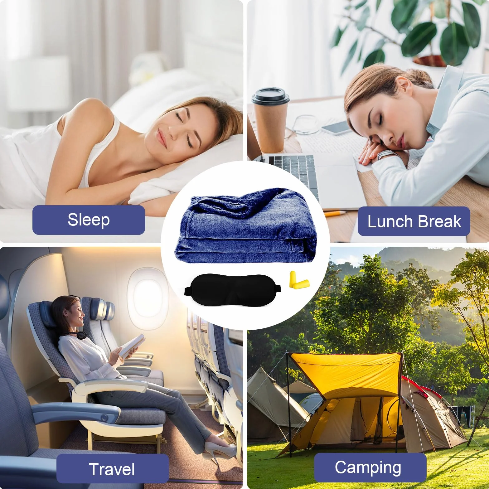 Couverture de voyage ultra légère 200 x 150 cm Bleu marine avec masque de sommeil et bouchons d'oreilles