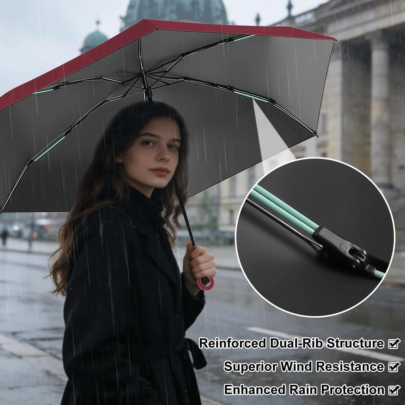 Parapluie Compact de Voyage 6 Nervures Coupe-Vent Ultra Léger Résistant