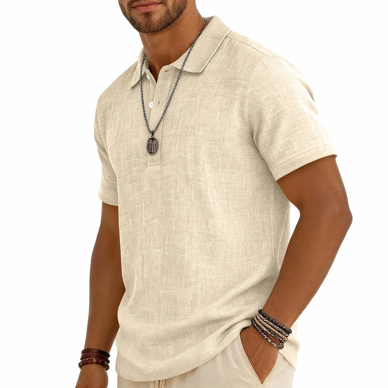 Polo Homme Manches Courtes Lin Bambou Col Rabattu Respirant Golf