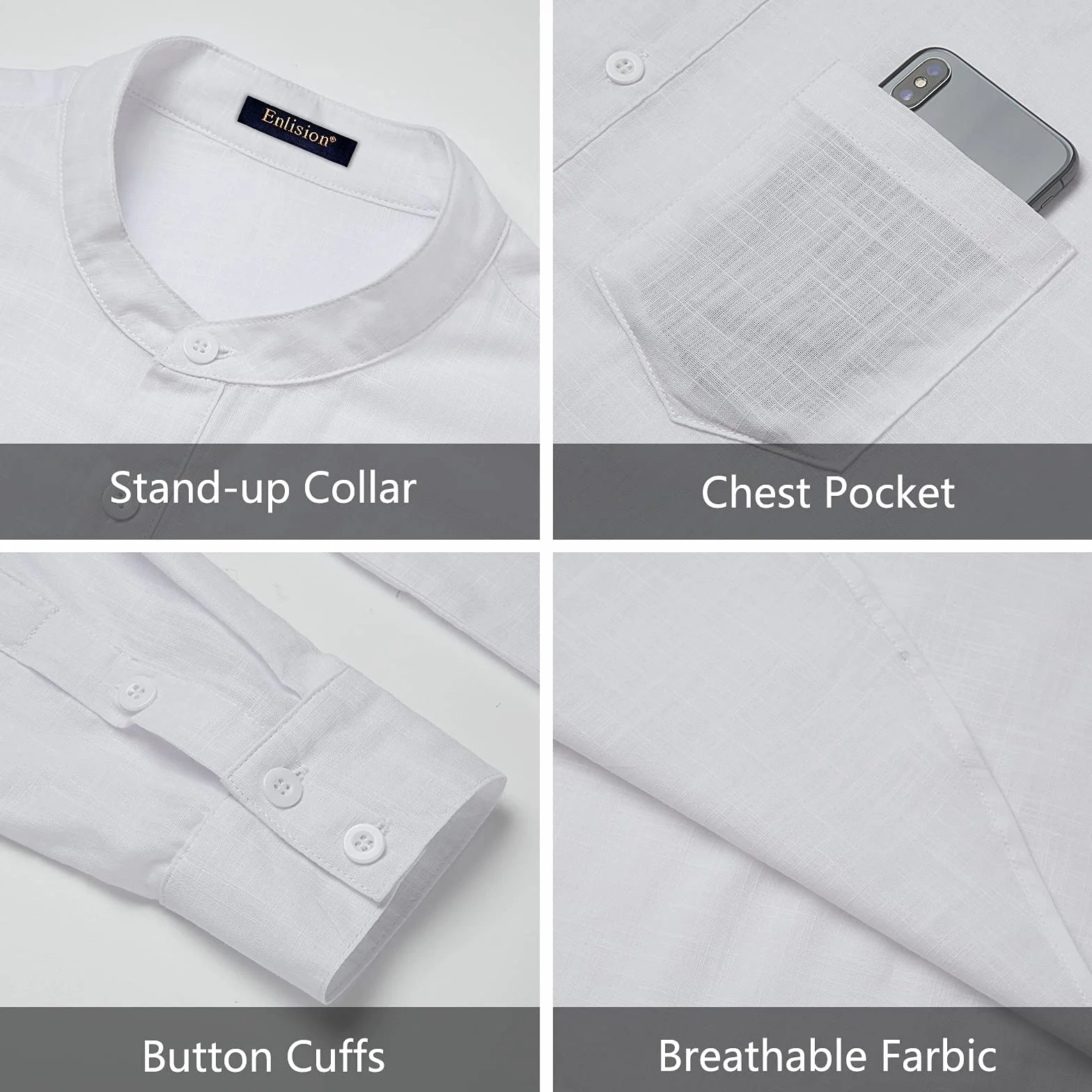 Enlision Chemises Hommes Lin Henley Manches Longues Mao Chemise Plage