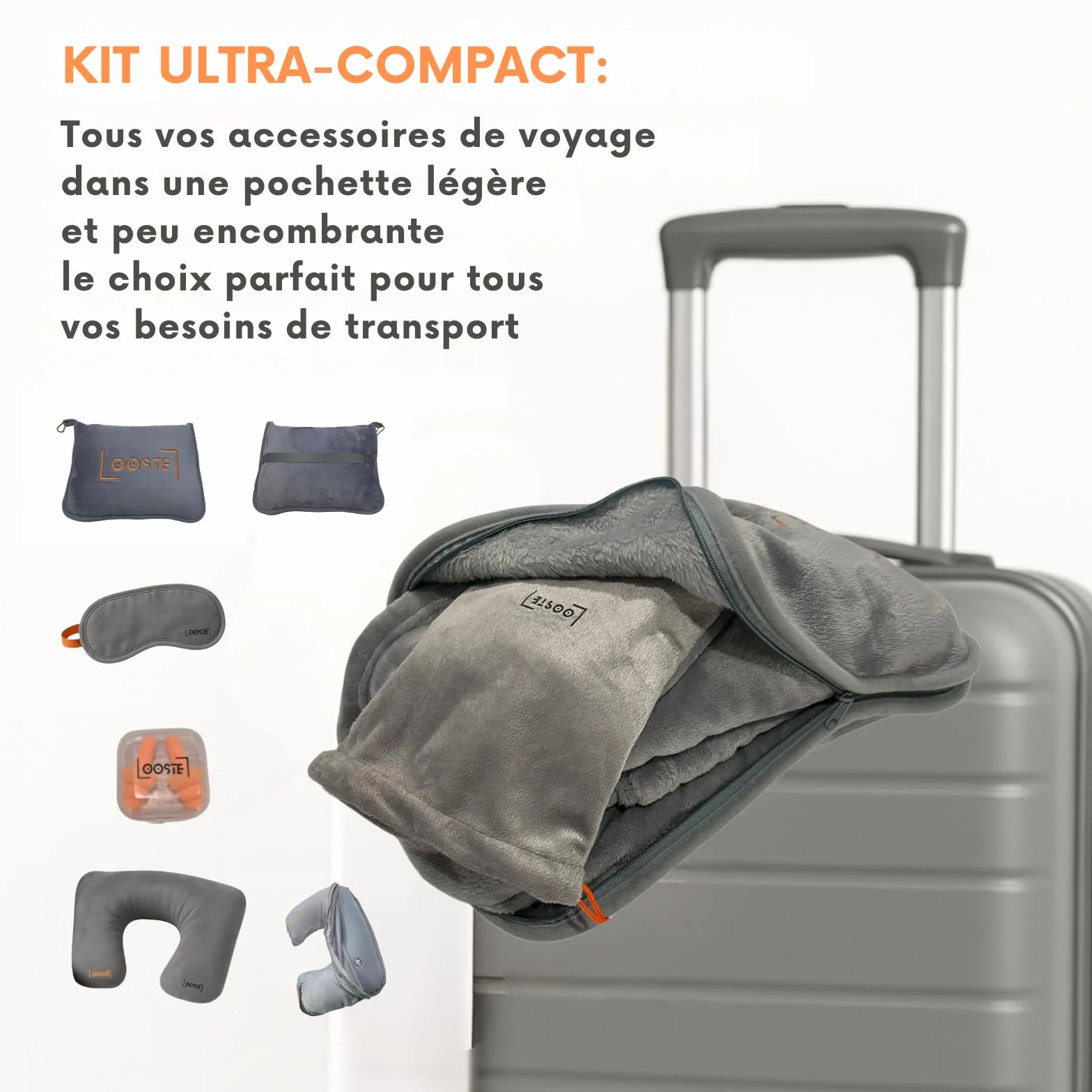 Kit de Voyage 4-en-1 Pliable Compact Couverture Polaire Coussin Gonflable Bouchons d’Oreilles Masque de Sommeil Pochette