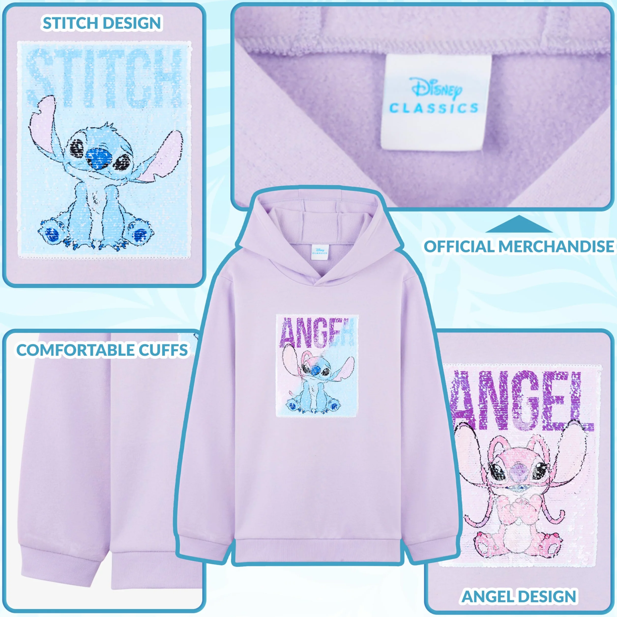 Disney Stitch Sweat à Capuche Fille Ado Mode Pull Chaud Hoodie Sequins Réversibles Cadeau Enfant