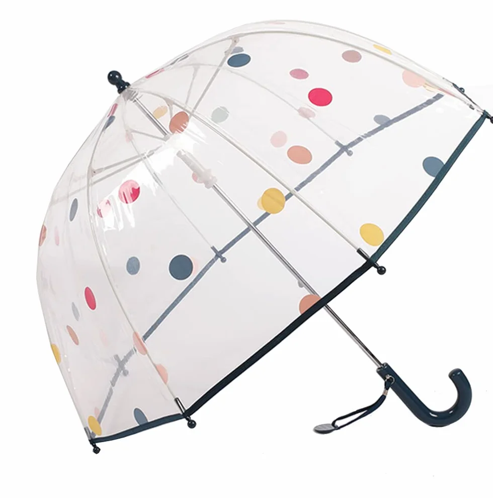ThreeH Parapluie transparent enfants poignée incurvée plastique incassable 8 nervures manuel joli parapluie à pois garçons filles