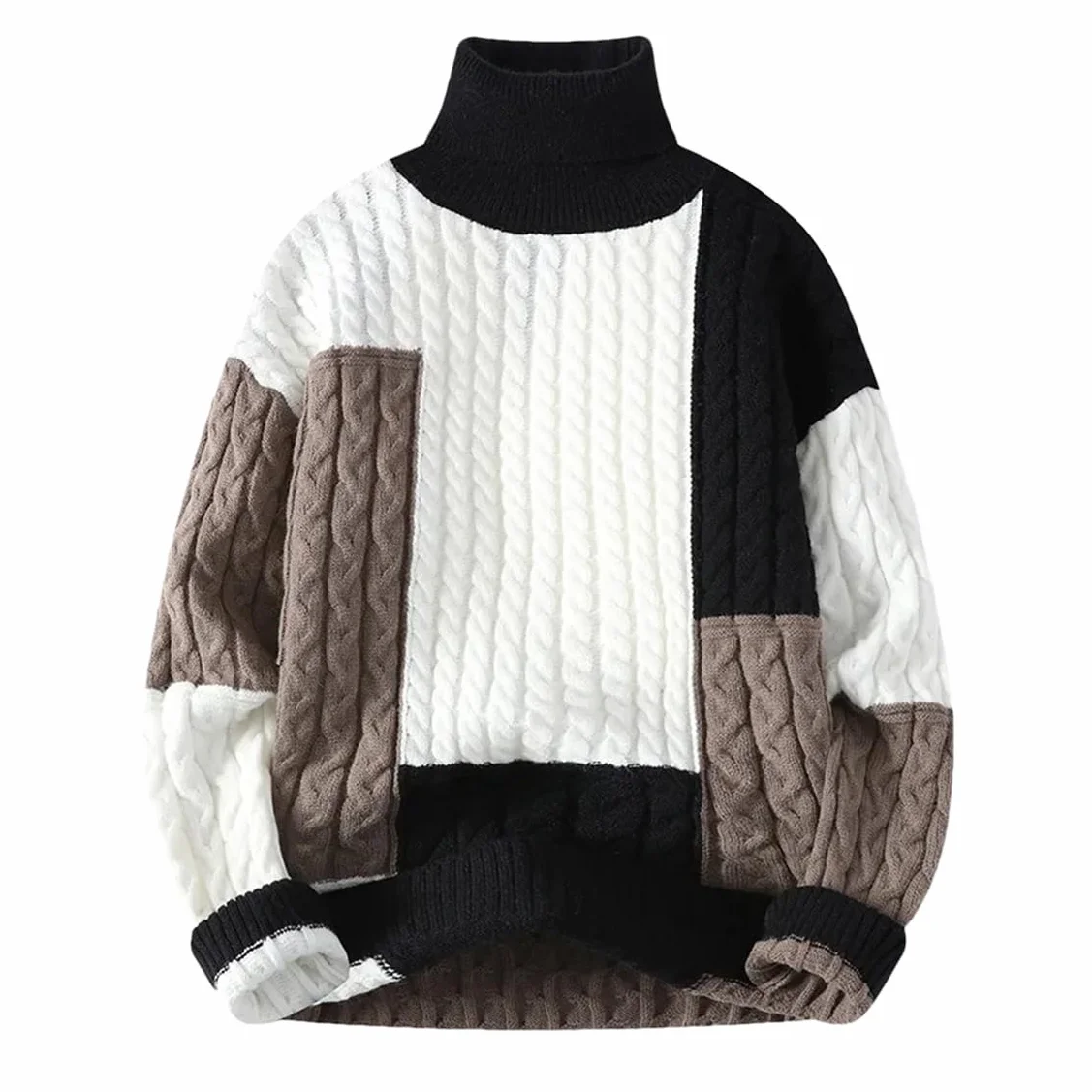Pull d'hiver à col roulé patchwork pour homme manches longues