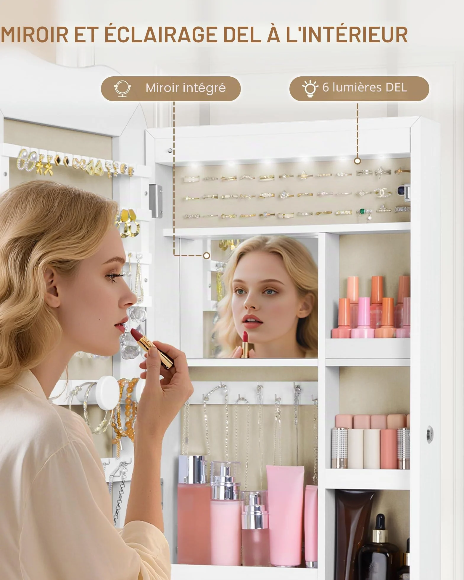 Hzuaneri Armoire à Bijoux avec Miroir Long, LED et Serrure, Grande Capacité, Suspendu ou Mural, Blanc et Doublure Grise Beige