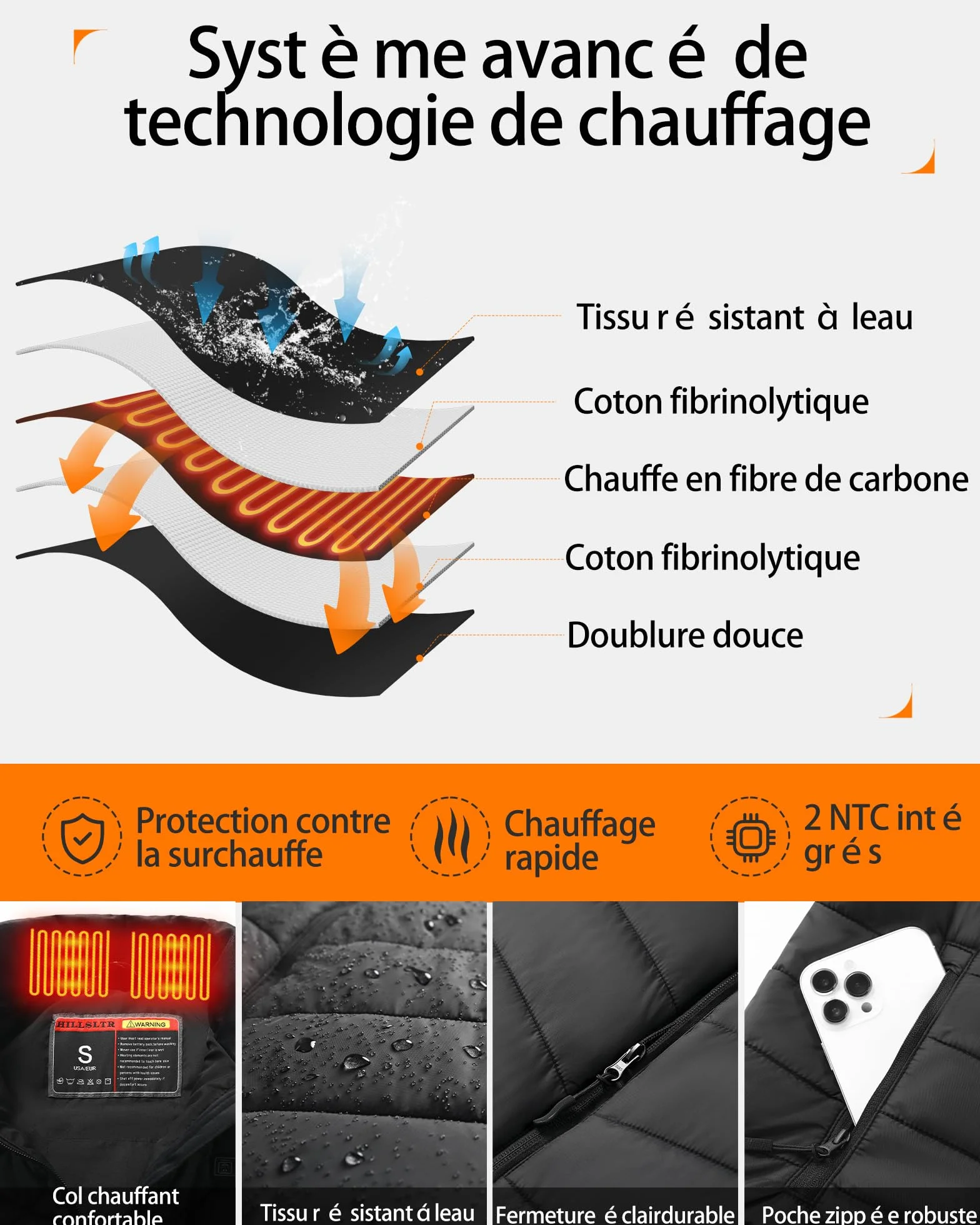 Gilet Chauffant Homme 7.4V 18400mAh 8 Zones Chauffantes Double Contrôle Veste Chauffant Électrique