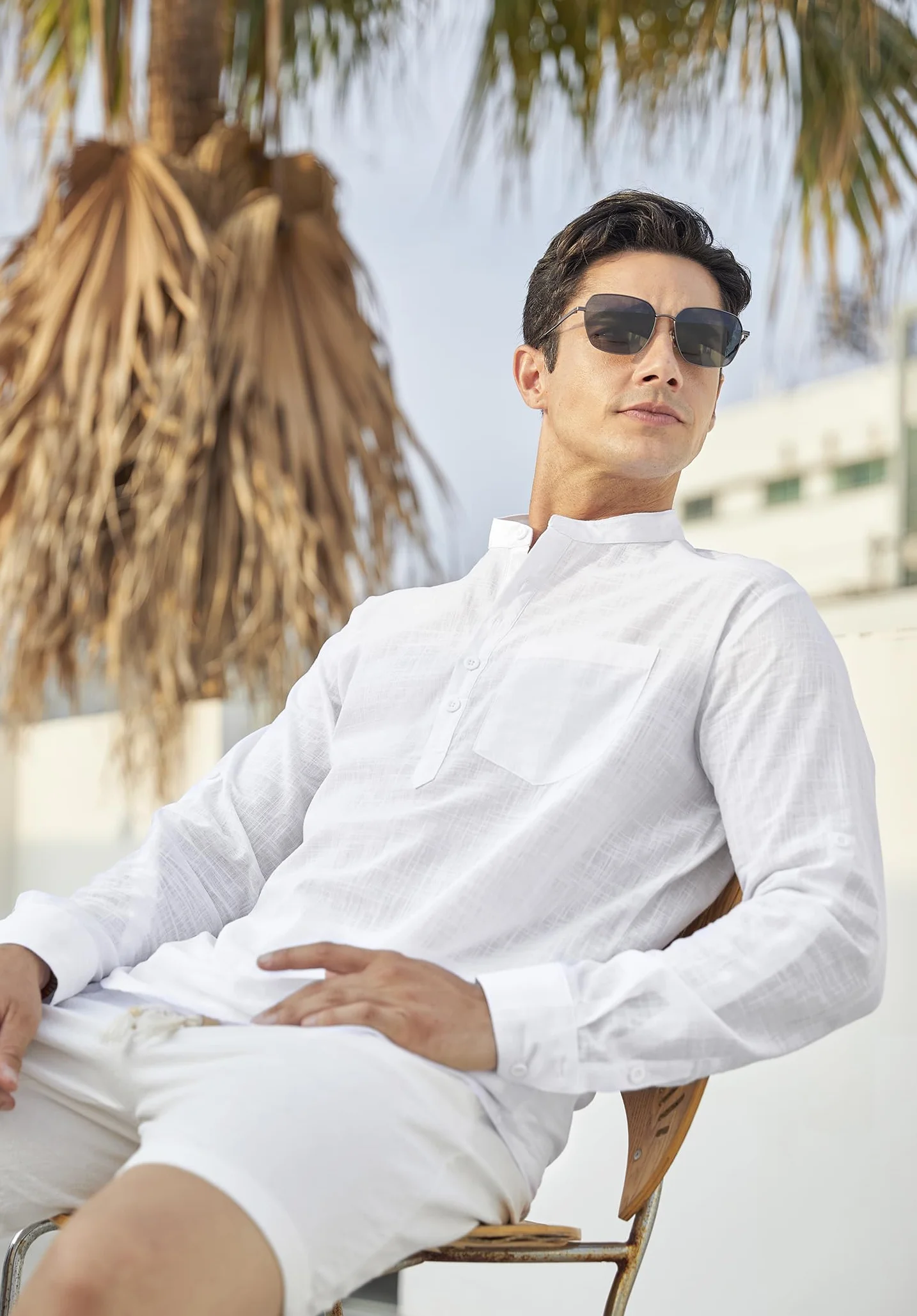 Enlision Chemises Hommes Lin Henley Manches Longues Mao Chemise Plage
