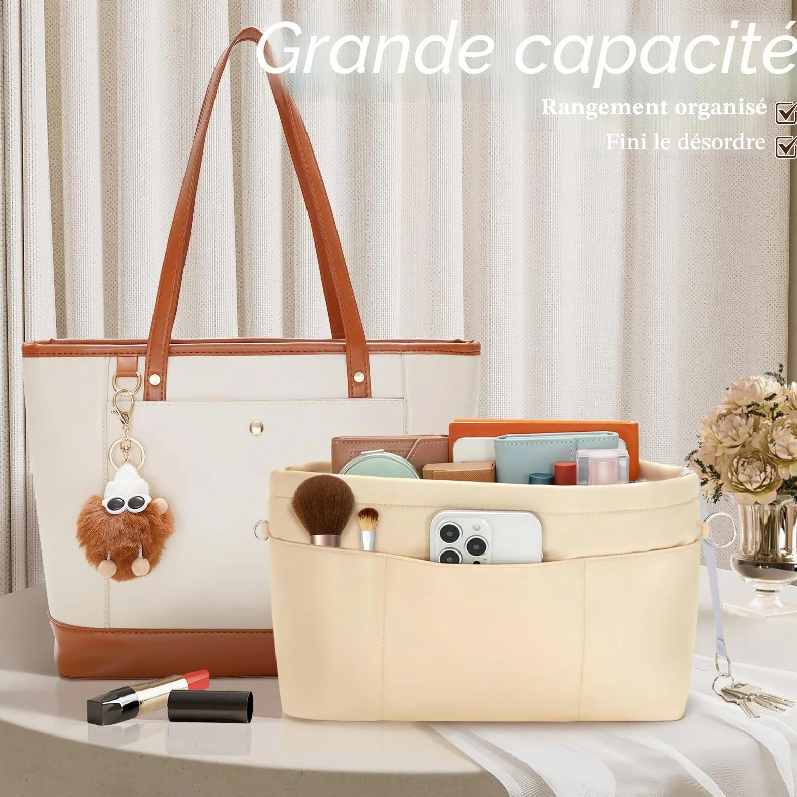 Organisateur de Sac à Main en Nylon pour Femmes, Bag In Bag Pochette de Rangement avec Fermeture éclaire, Beige