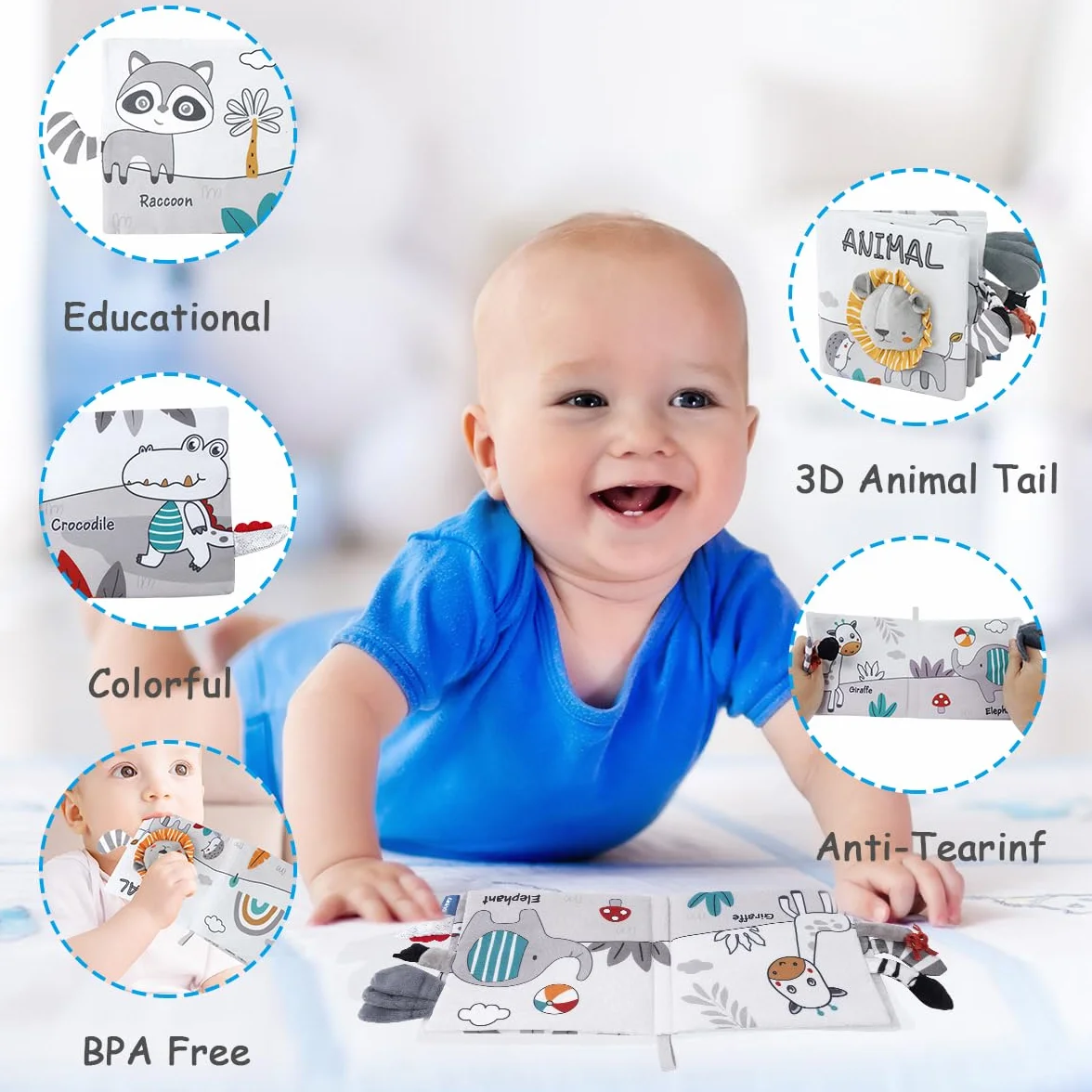Vicloon Livre Tissu Bébé Eveil, Jouet Educatif avec Animaux (lion)