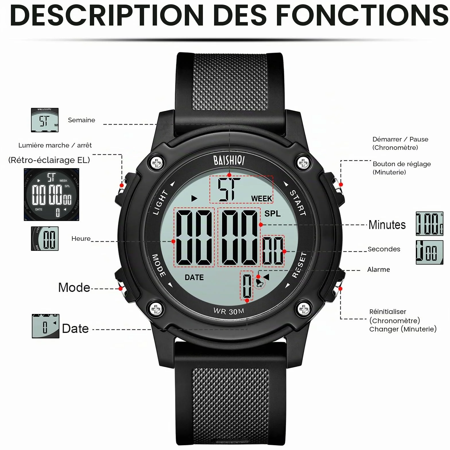 LN LENQIN Montre numérique imperméable sport homme bracelet silicone multifonction