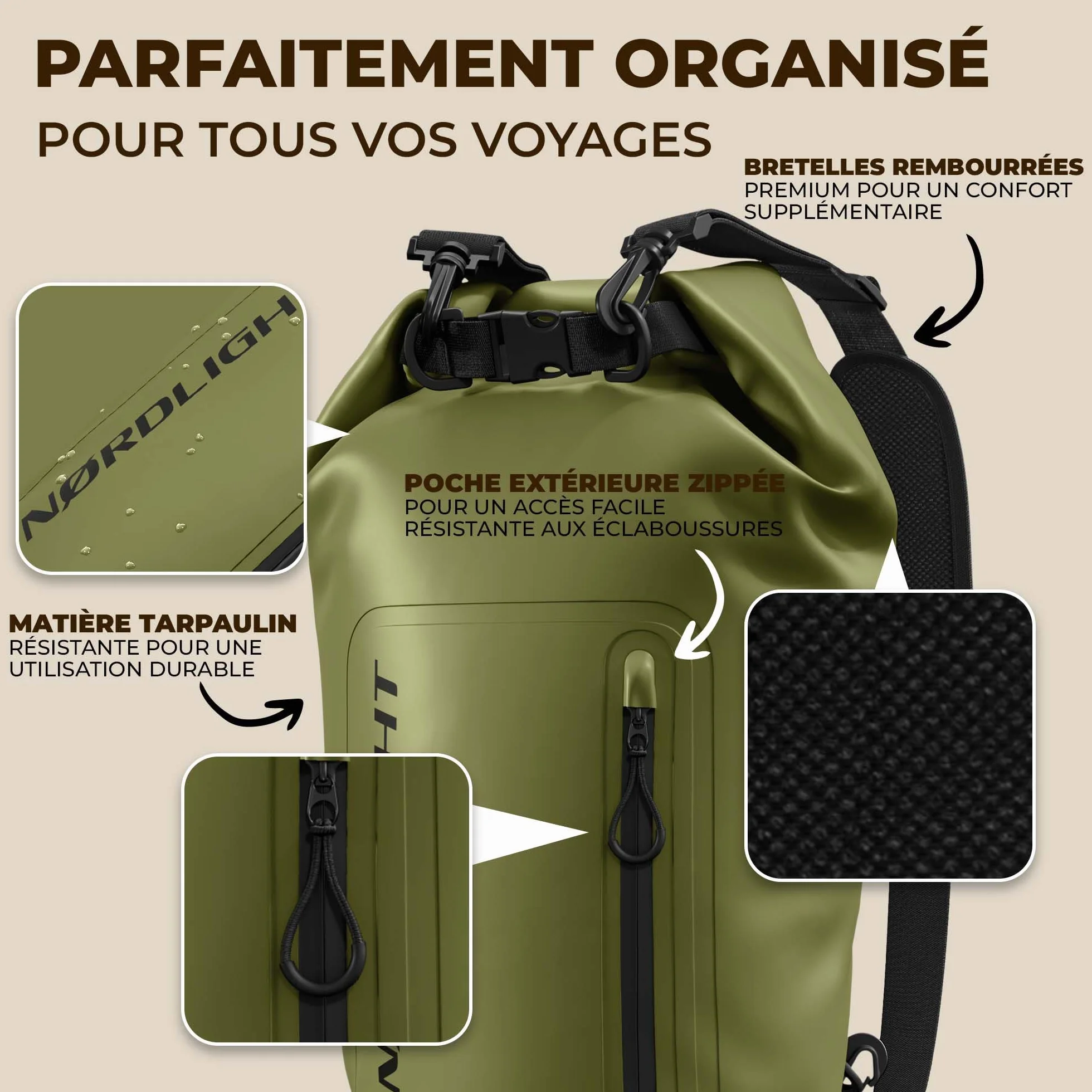 Nordlight Sac Étanche 20 L Vert Olive - Sac à Dos Nautique Impermeable avec Pochette Téléphone