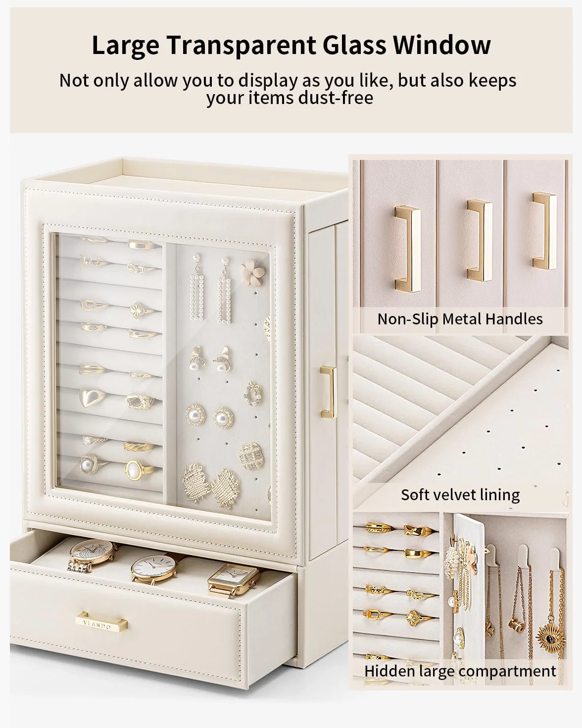 VALNDO Armoire à bijoux 5 niveaux avec couvercle en verre, tiroirs latéraux, organisateur vertical beige-rose