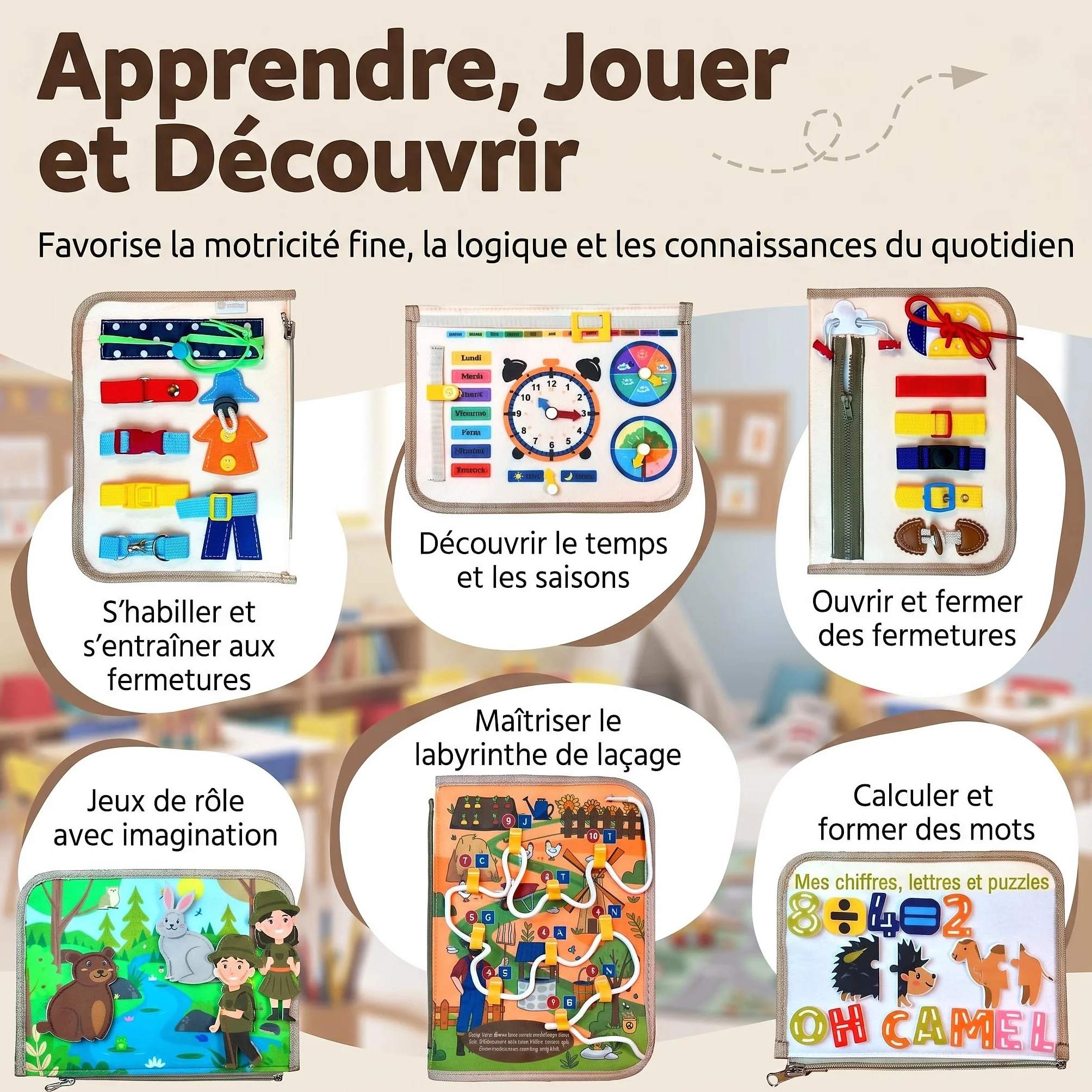 Mallie Montessori Busy Board en Français pour 1 2 3 Ans avec Jeu de Rôle & Marionnettes