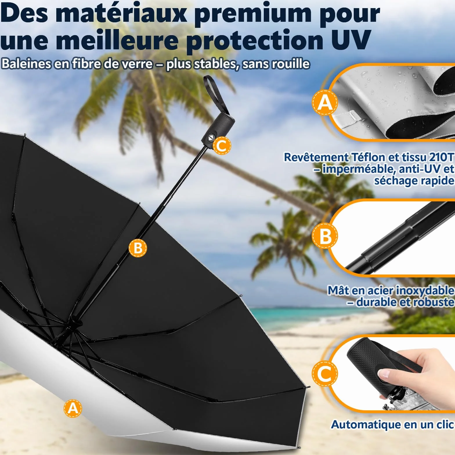 ZOMAKE Parapluie Automatique Pliant UPF 50+ Ombrelle anti UV Compact Solide anti Tempête Voyage