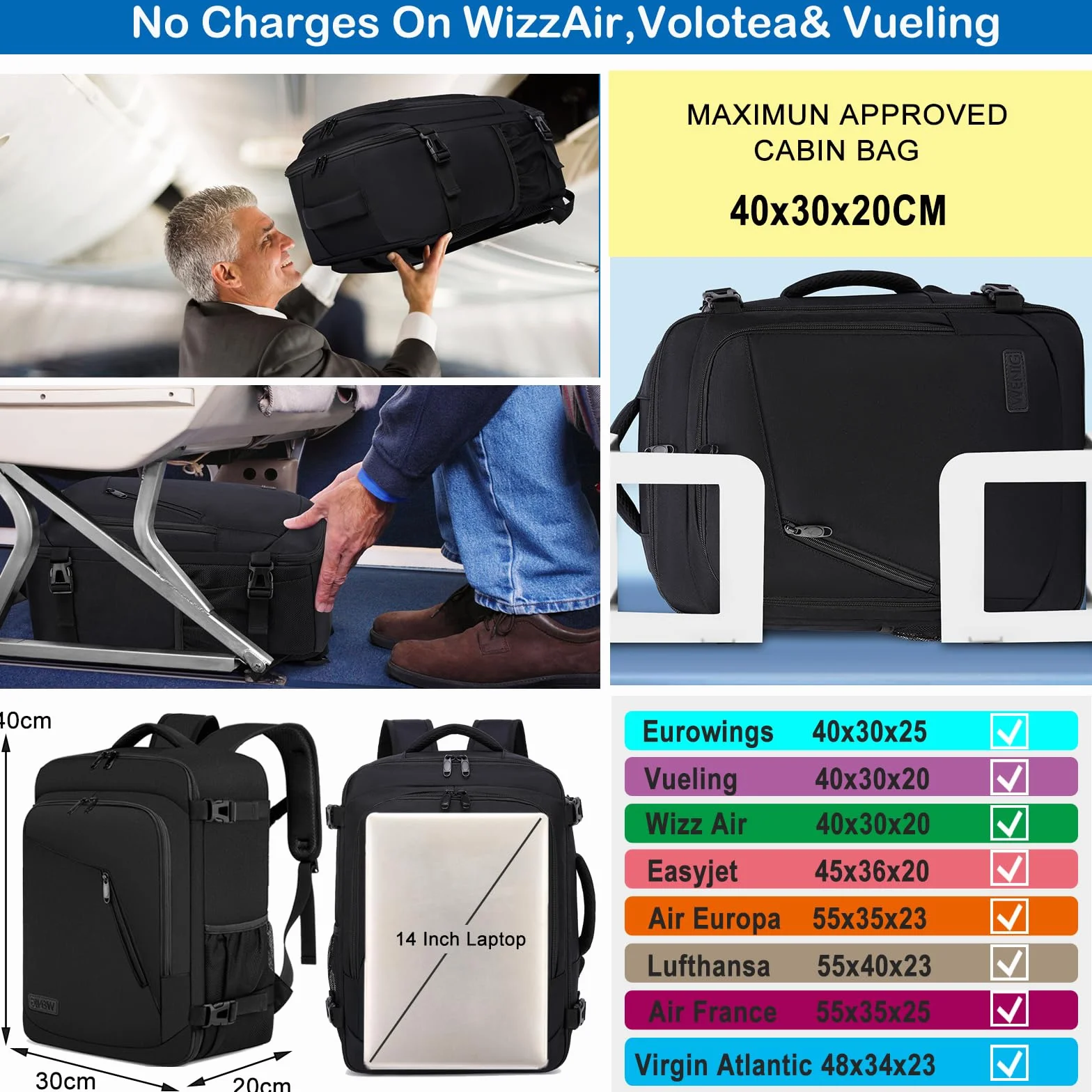 WENIG Bagage Cabine 40x30x20 24L Sac à Dos Voyage Avion avec Port USB Ordinateur Portable 14 Pouces Noir