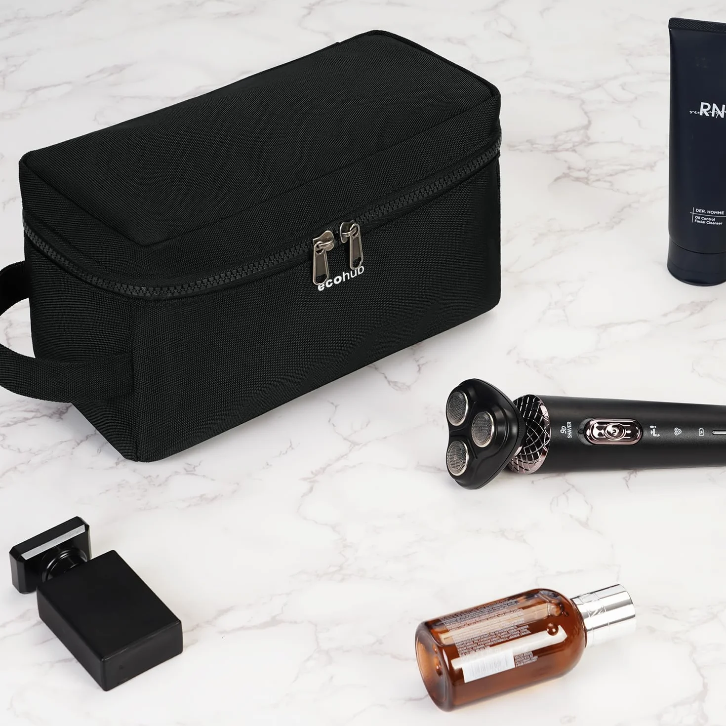 ECOHUB Trousse de Toilette Homme Femme Sac de Rasage Imperméable avec Poches Humides et Sèches pour Rangement Cosmétiques, Noir