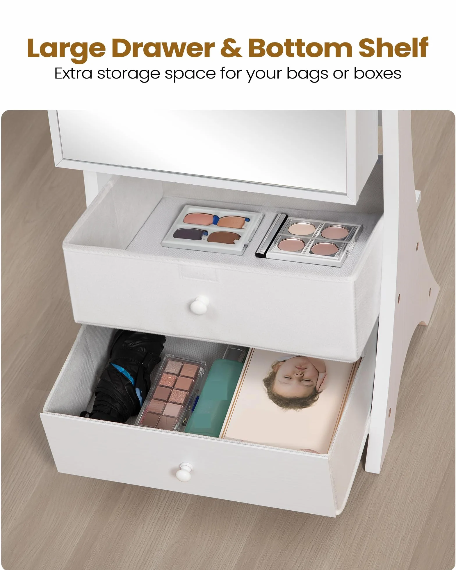 Hzuaneri Armoire à bijoux 108cm avec miroir sans cadre, 8 LEDs, 1 tiroir, 5 étagères, blanc et noir