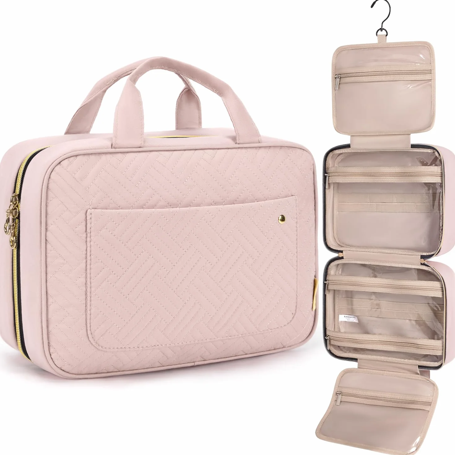 BAGSMART Trousse de Toilette Femme Voyage avec Crochets Suspendre Imperméable Rose Moyen
