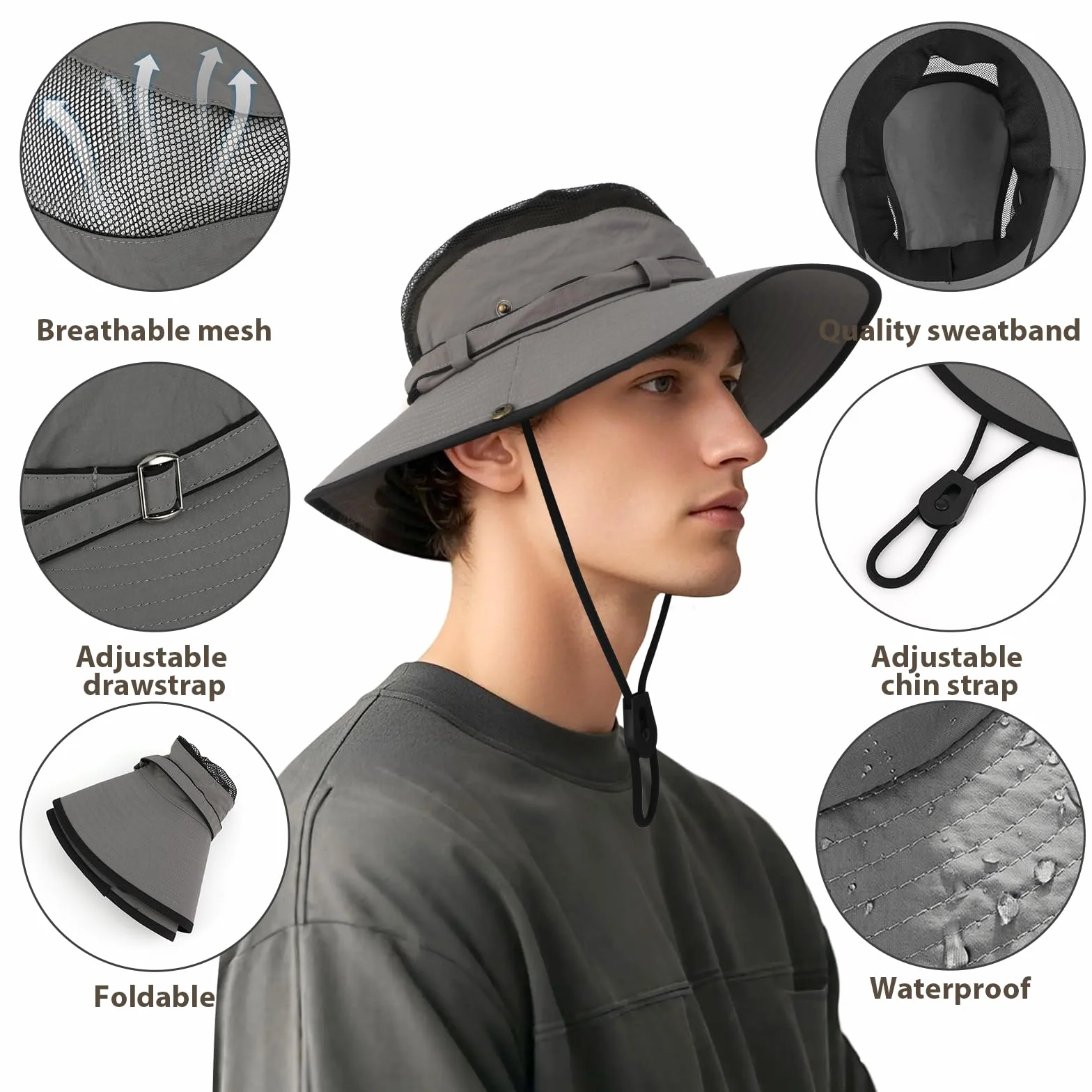 Chapeau de Soleil Pliable Large Bord, Chapeau Pêcheur Léger Respirant pour Femme Homme
