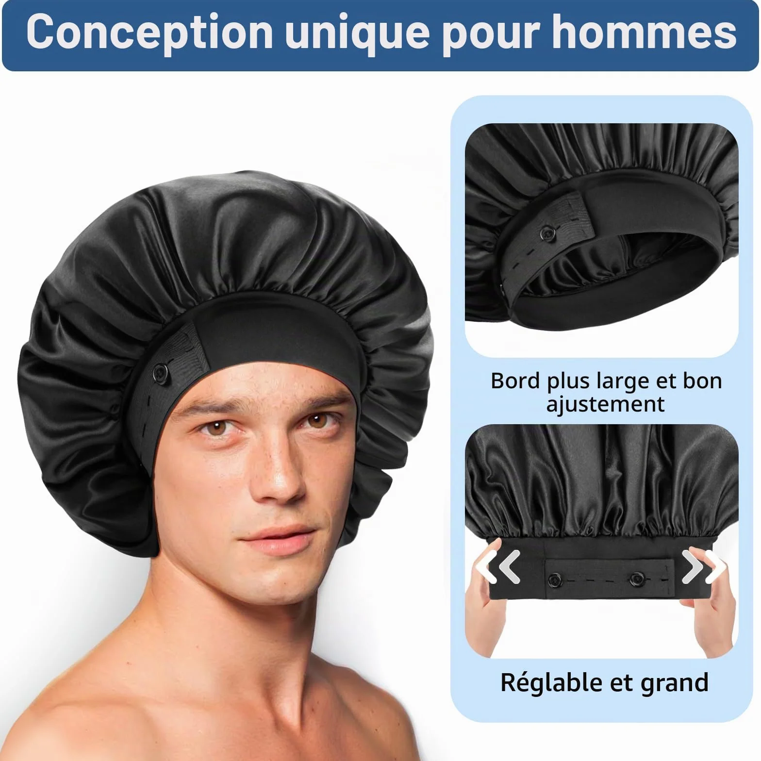 Bonnets en Soie pour Homme, Bonnet de Sommeil Double Couche avec Ourlet Réglable, Idéal pour Tresses Bouclées, Reste en Place (Noir)