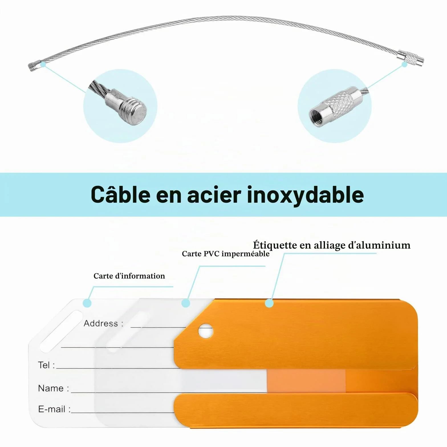Étiquette Bagage en Alliage d'aluminium 6 Pièces avec Corde Acier Inoxydable Porte-nom pour Valise