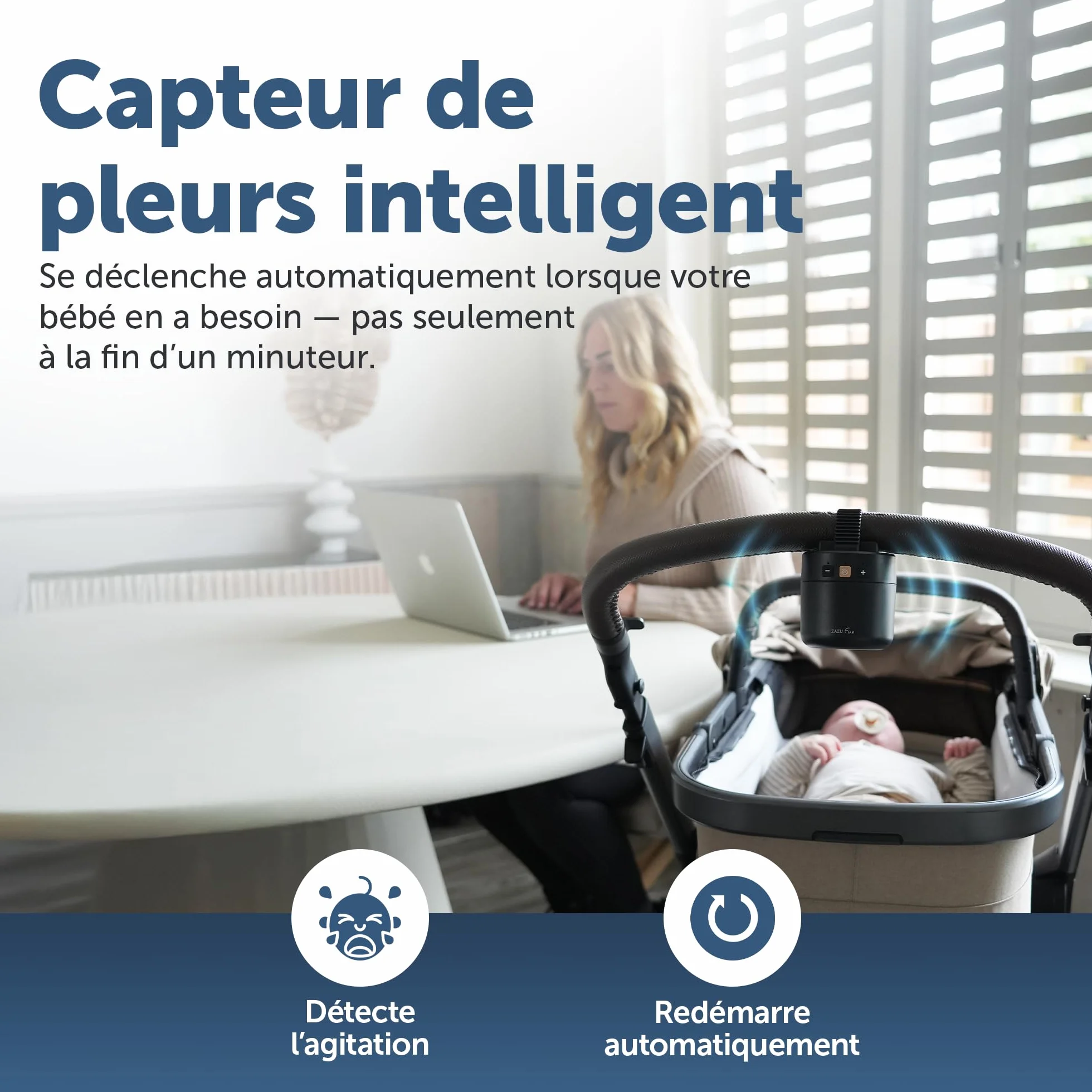 ZAZU Roxy Baby Rocker – Balançoire électrique avec capteur de pleurs, arrêt automatique 40 min, rechargeable USB