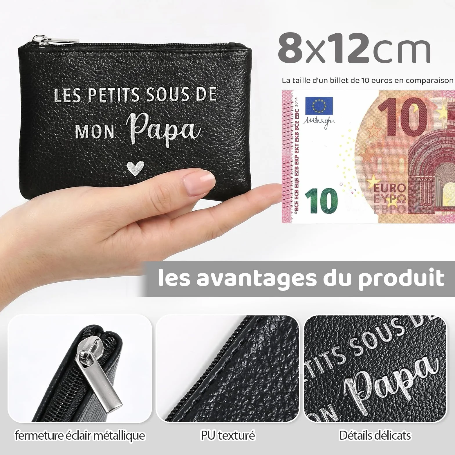 Porte-Monnaie Homme PU Mini Portefeuille Noir avec Fermeture Eclair pour Cartes Monnaie Clés
