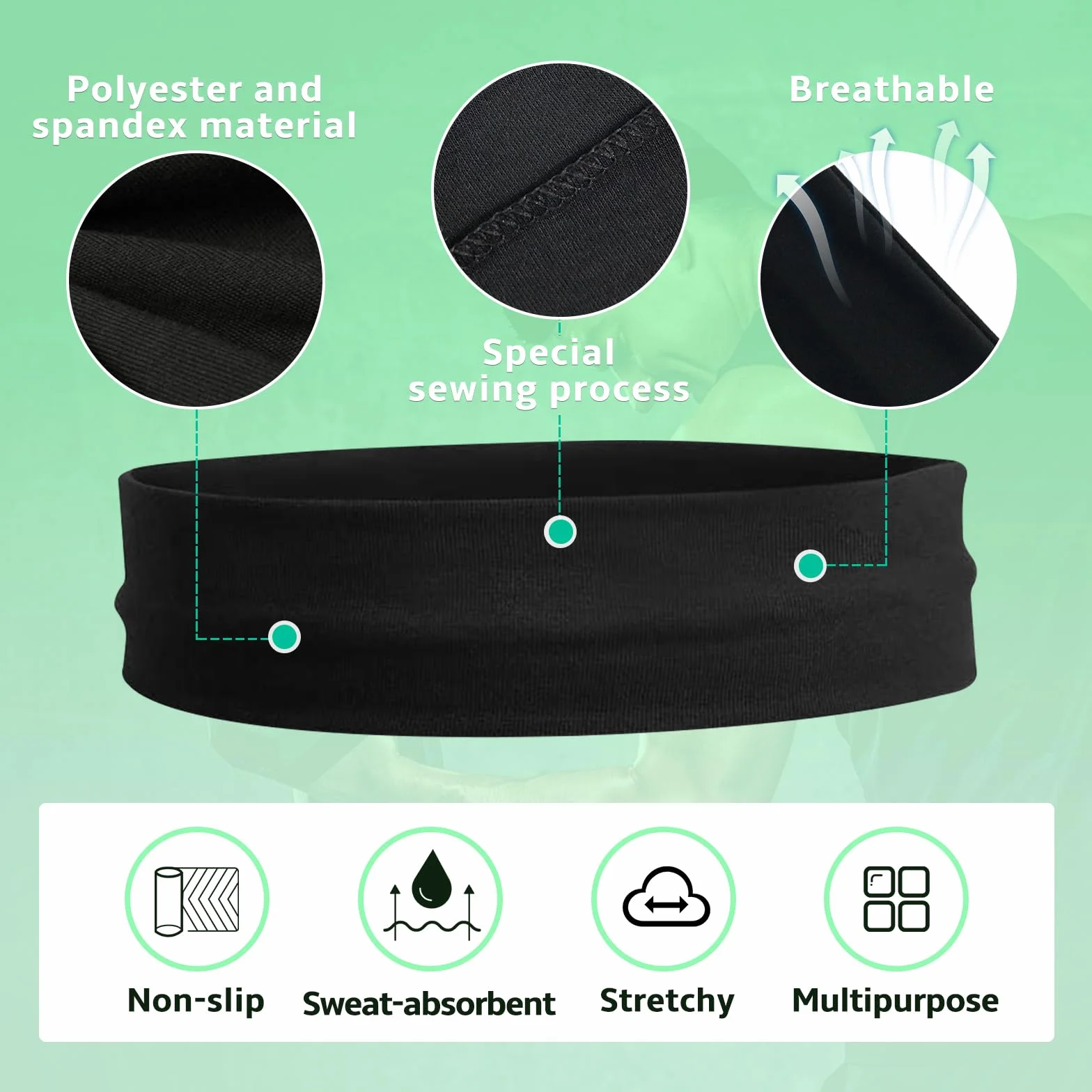 Sularpek Bandeau Cheveux Femme Noir Sport Élastique Antidérapant Large Yoga