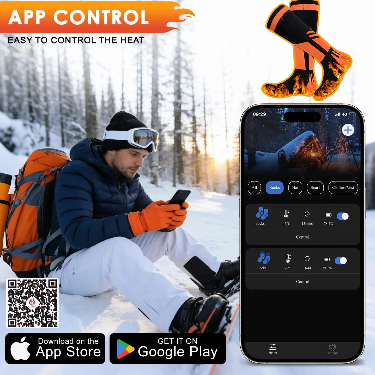 Chaussettes chauffantes rechargeables 5000 mAh homme femme ski camping télécommande application