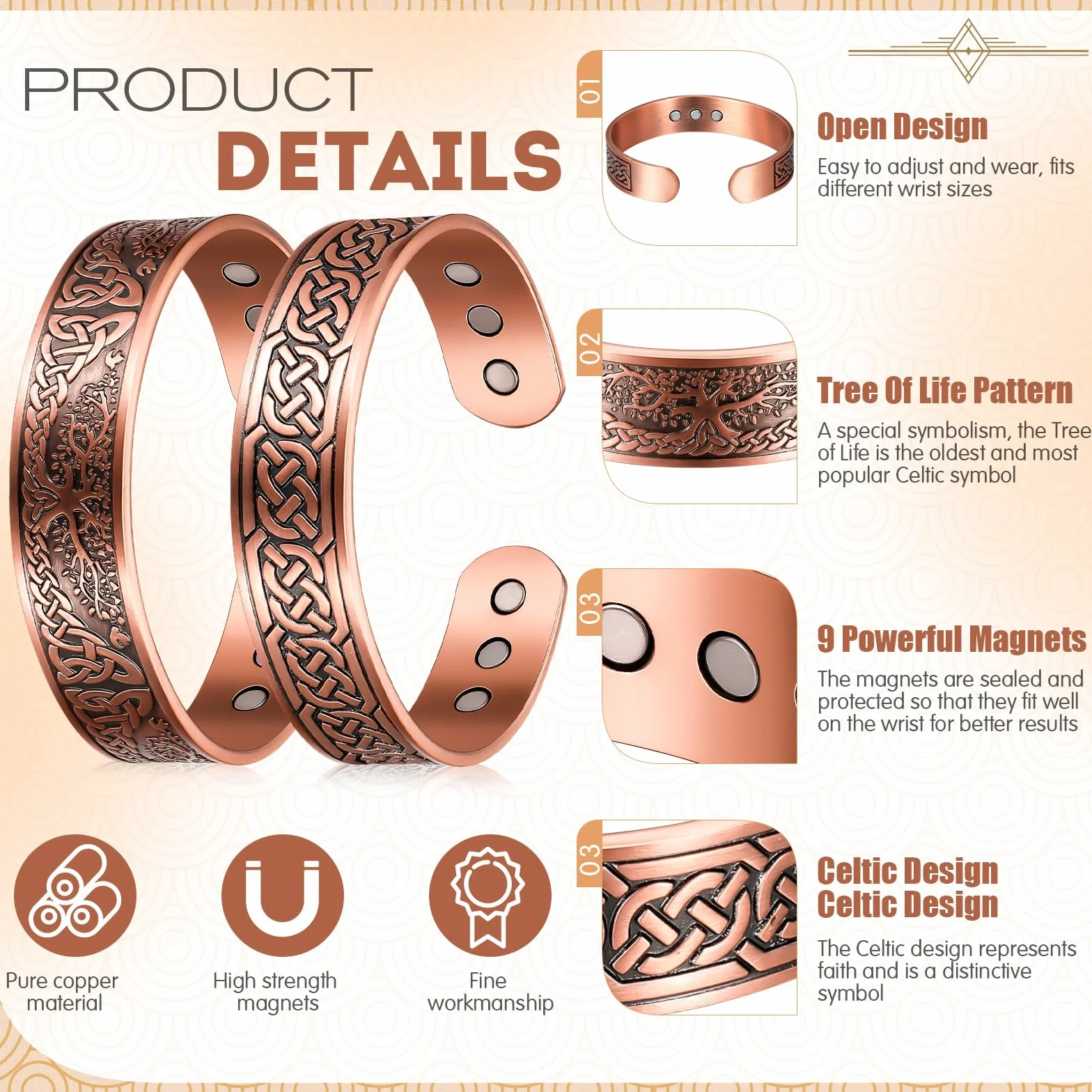 Bracelets Magnétiques en Cuivre 99,99% 3500 Gauss 9 Aimants Réglable Arbre Celtique, 2 Pièces