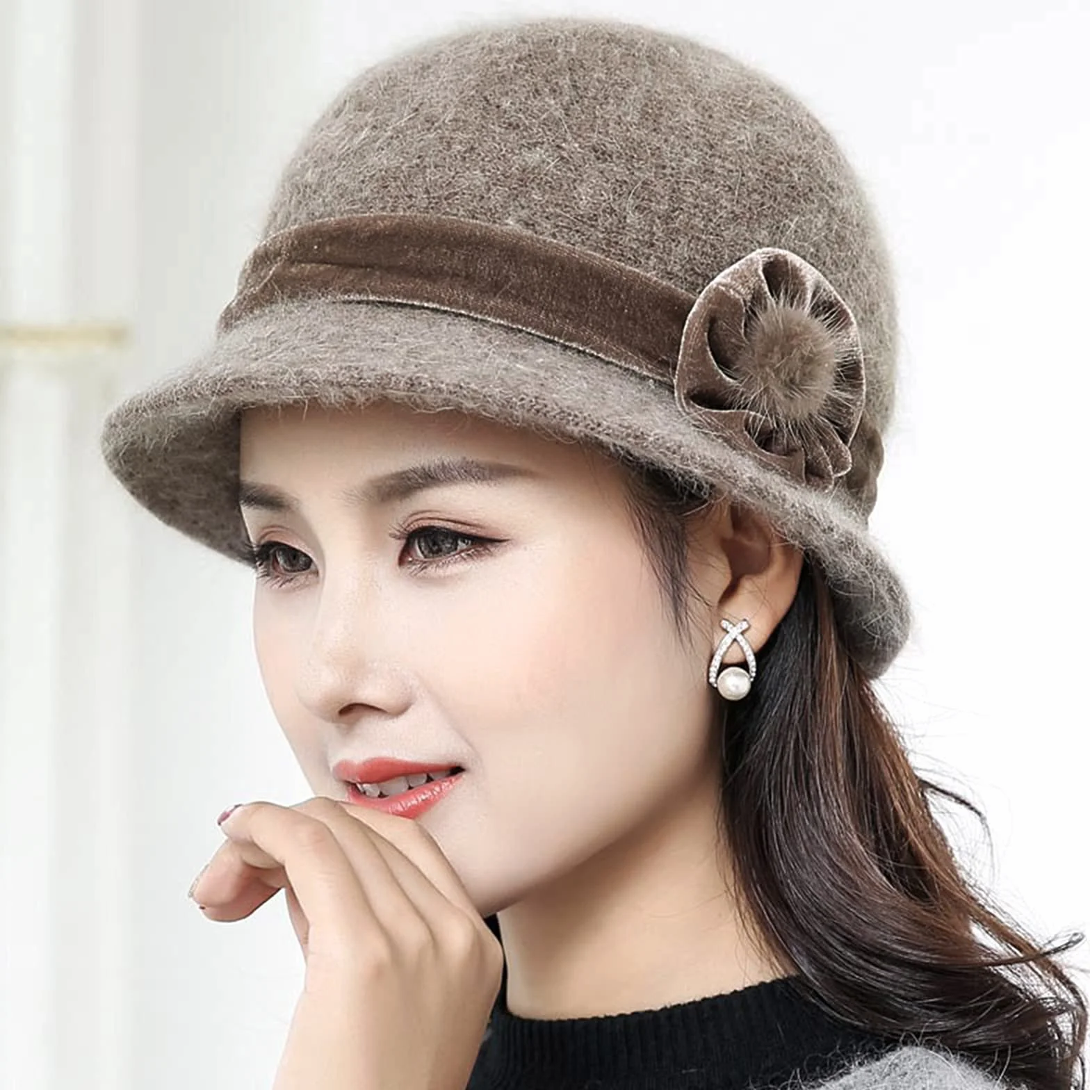 Chapeau Melon Hiver Femme 1920s Rétro Fedora Laine Chaud Chapeau d'hiver Seau Floral Cloche Mariage Chapeaux Bob Capeline Automne Hiver Kaki Violet Noir