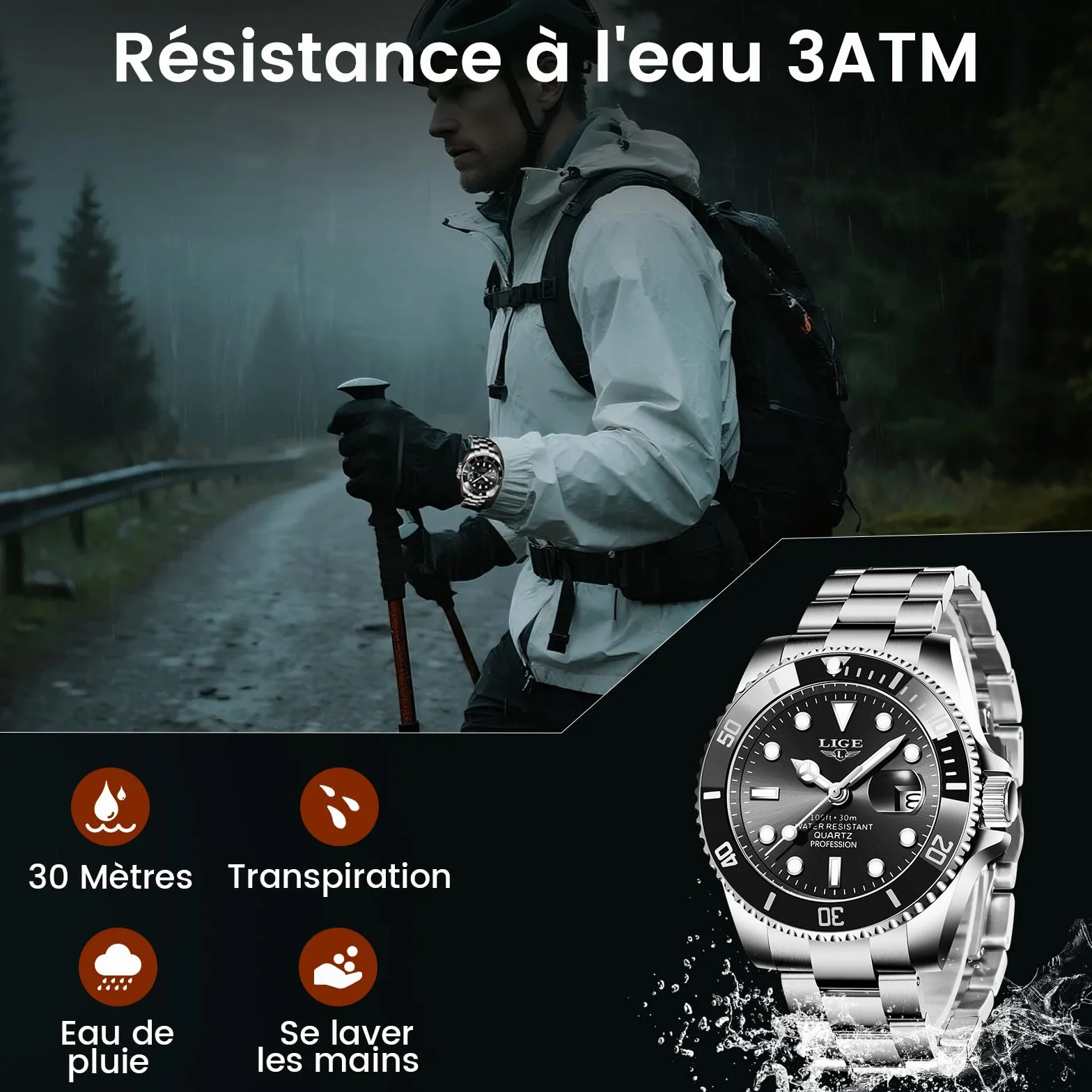 LIGE Montre Homme Acier Inoxydable Quartz Analogique étanche 3 ATM 30M