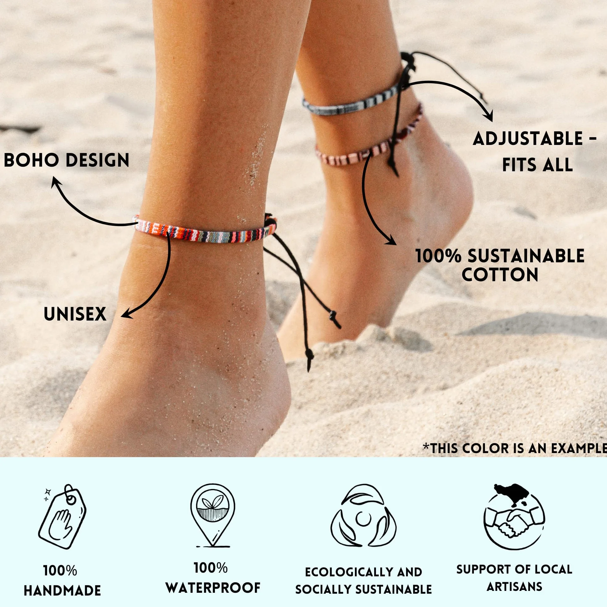 Nami Bracelet de cheville boho hippie 100% coton écologique imperméable ajustable Bleu-blanc