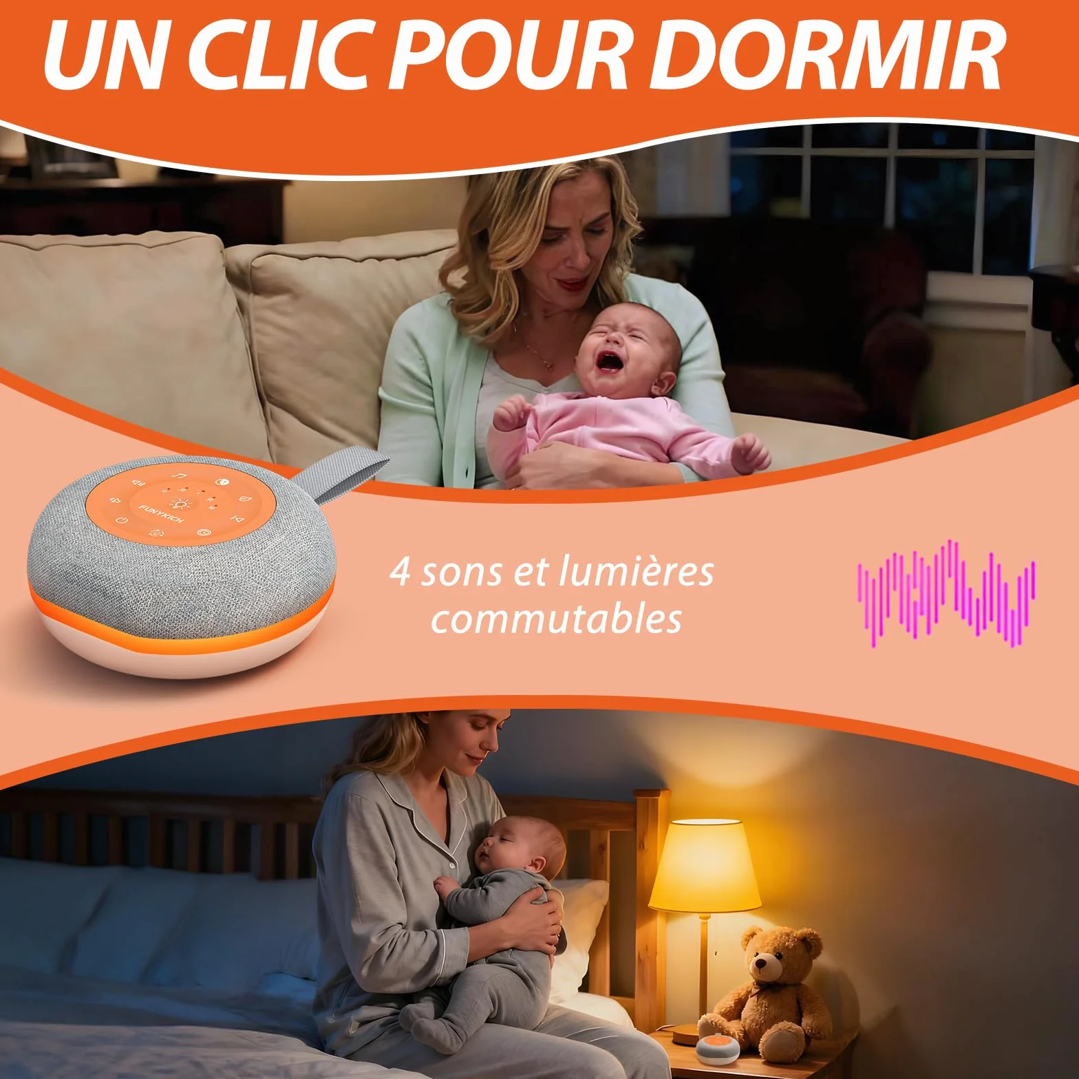FUNYKICH Machine à Bruit Blanc Bébé 30 Sons Apaisants Veilleuse 7 Couleurs 4 Modes