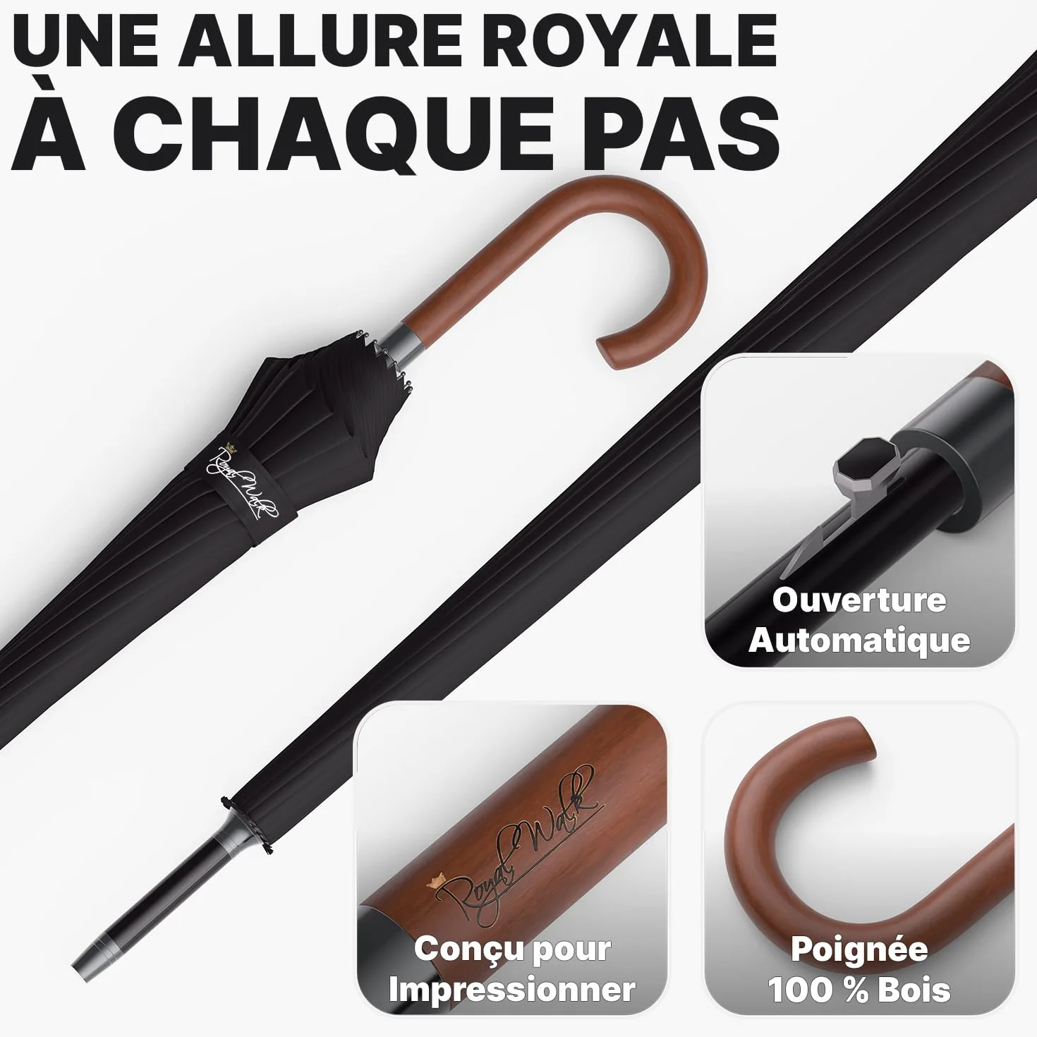 Royal Walk Parapluie Automatique XXL 120cm 16 Baleines Anti Tempête Solide Golf Poignée Bois