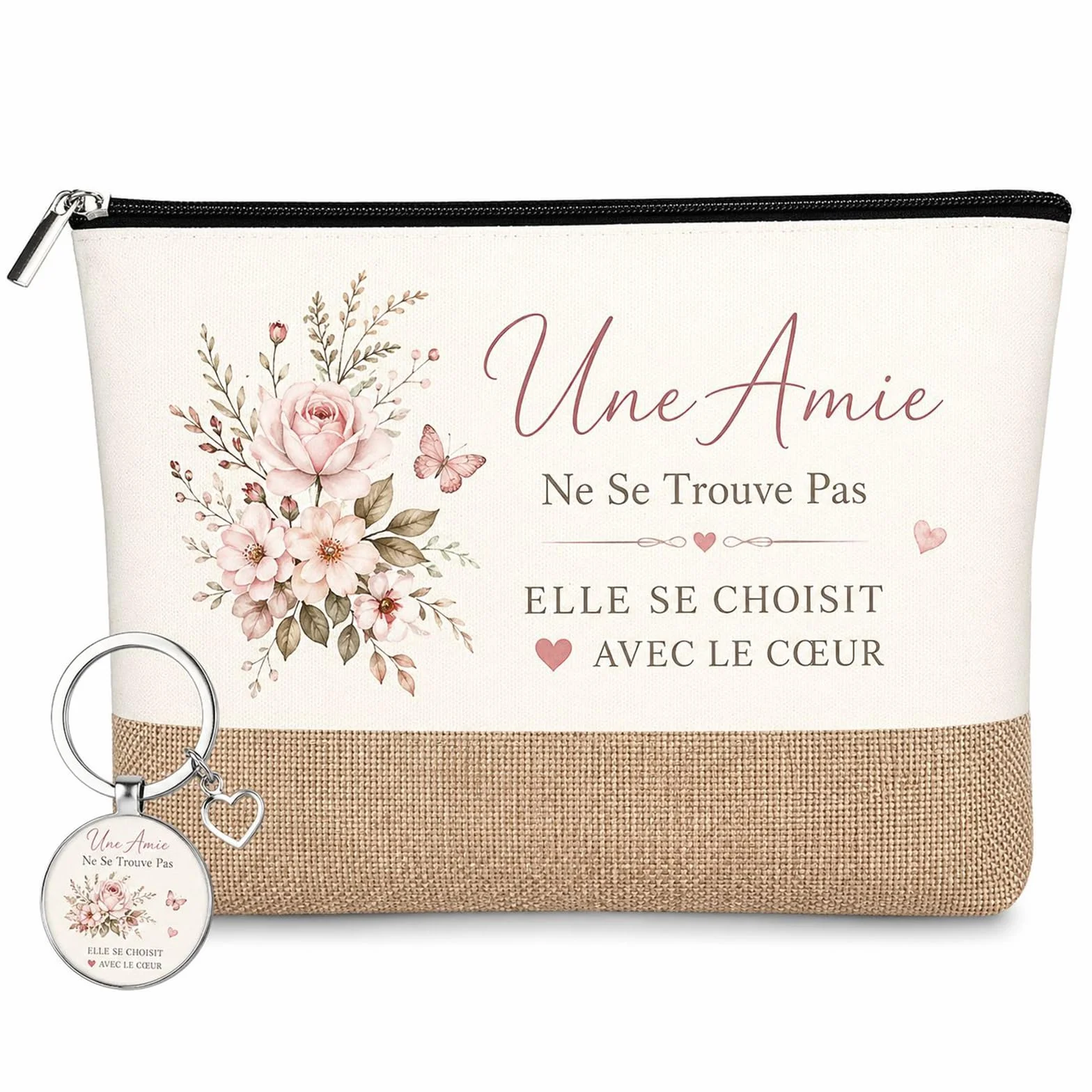 Trousse de Maquillage et Porte Clés 2 Pièces Cadeau Amie Femme Pochette Voyage avec Message Amitié