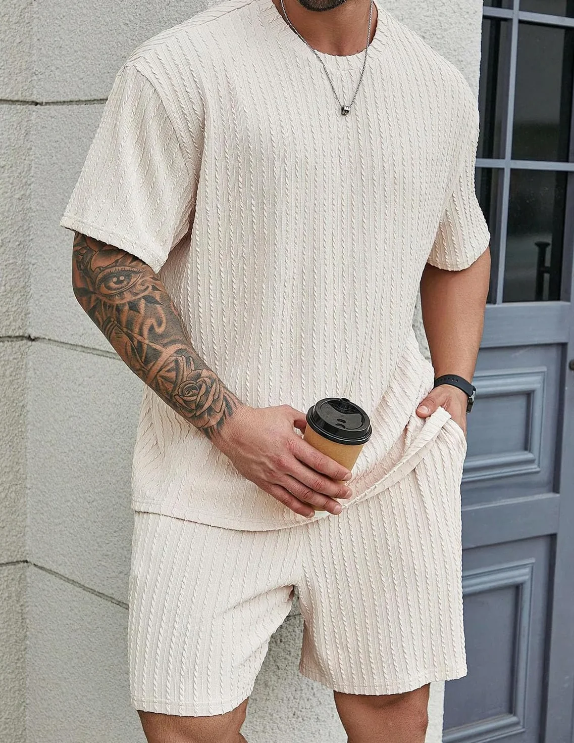 Survêtement Homme Jogging 2 Pièces Tracksuit T-shirt Short Vacances Plage