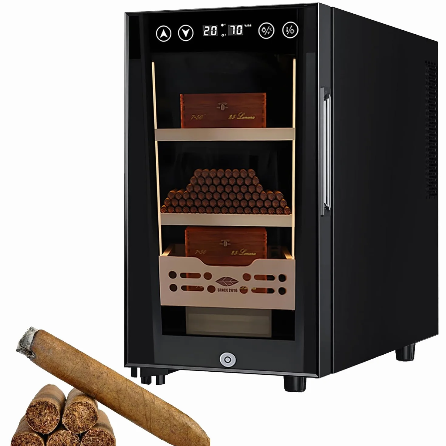 Cave à cigares électrique 25L, contrôle humidité température, verrouillable, 150 cigares, tiroirs cèdre Espagnol